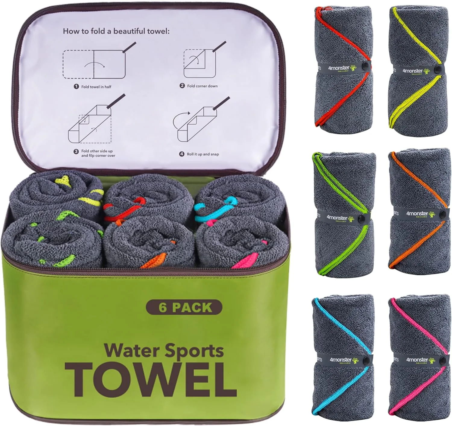 4Monster 4 Pack Microfiber Camping Towel Quick Dry, Super Absorbent Travel Towel with Waterproof Bag, Lightweight Boat Towel for RV, Sport, Gym, Beach, Pool, Swim,Family Trip