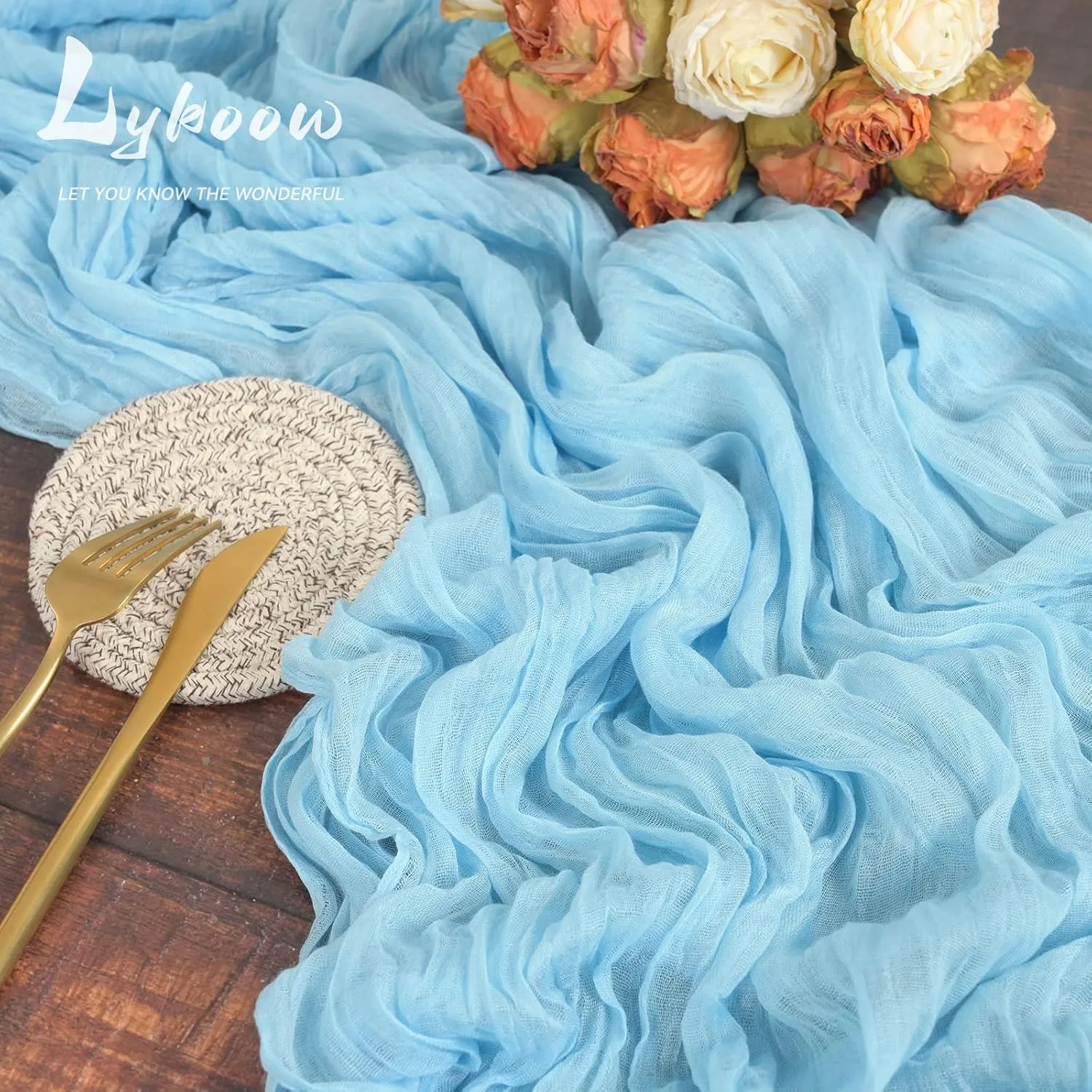5 Packs Cheesecloth Table Runner Baby Blue, 35x120 inch Light Blue Rustic Gauze Boho Wedding Table Runner Decoration, Wedding Table Decor Table Cloth for Wedding Party Bridal Shower Table