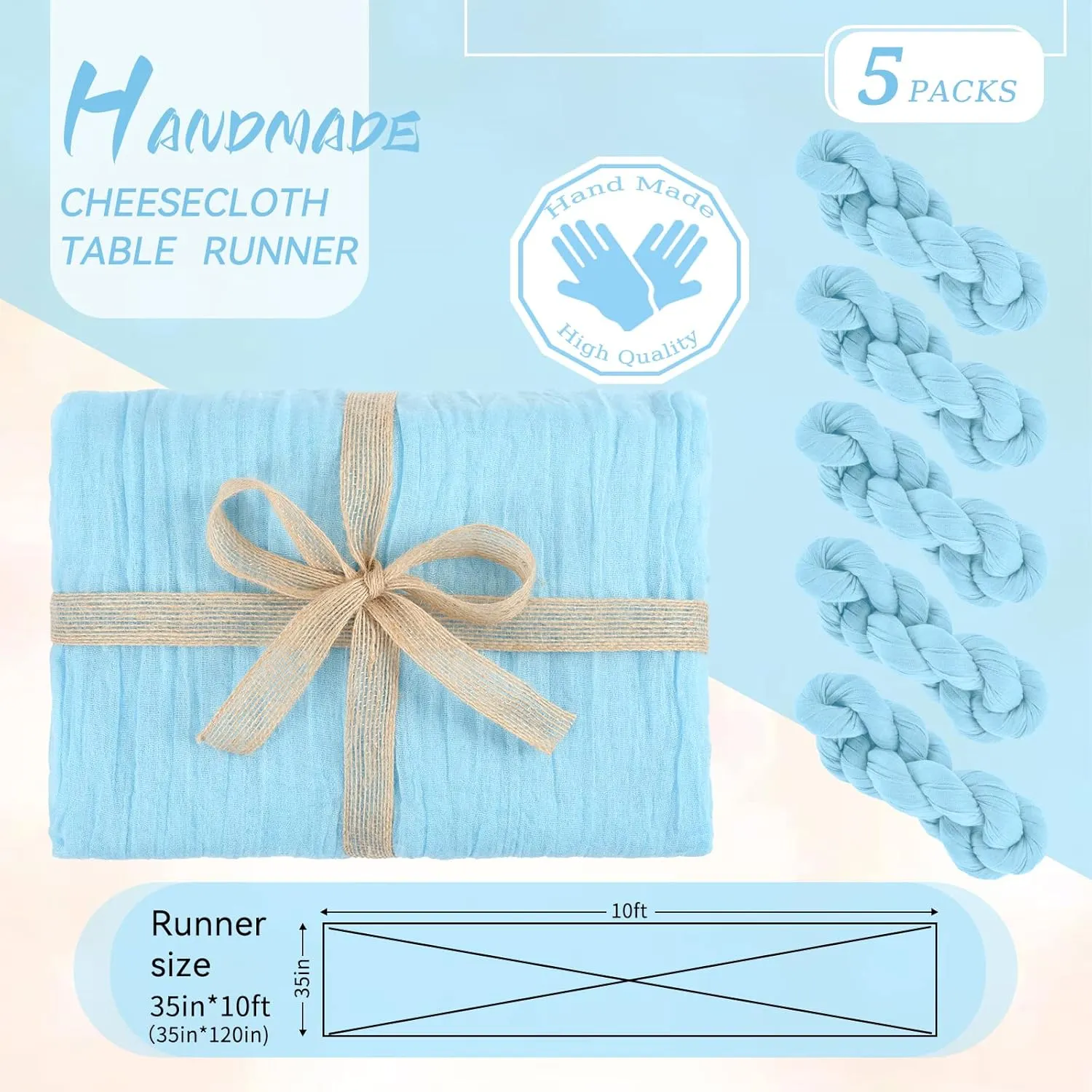 5 Packs Cheesecloth Table Runner Baby Blue, 35x120 inch Light Blue Rustic Gauze Boho Wedding Table Runner Decoration, Wedding Table Decor Table Cloth for Wedding Party Bridal Shower Table
