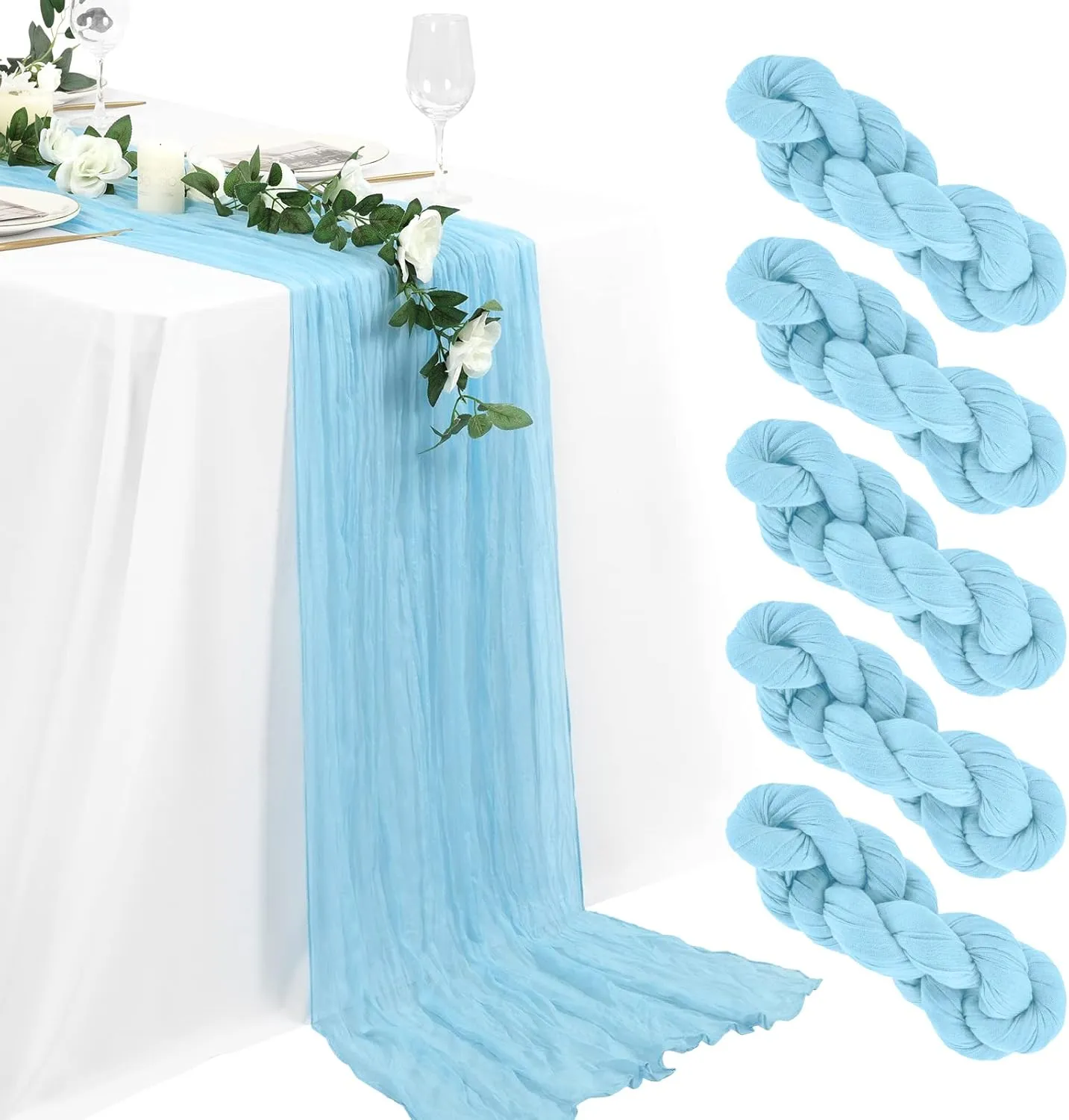5 Packs Cheesecloth Table Runner Baby Blue, 35x120 inch Light Blue Rustic Gauze Boho Wedding Table Runner Decoration, Wedding Table Decor Table Cloth for Wedding Party Bridal Shower Table