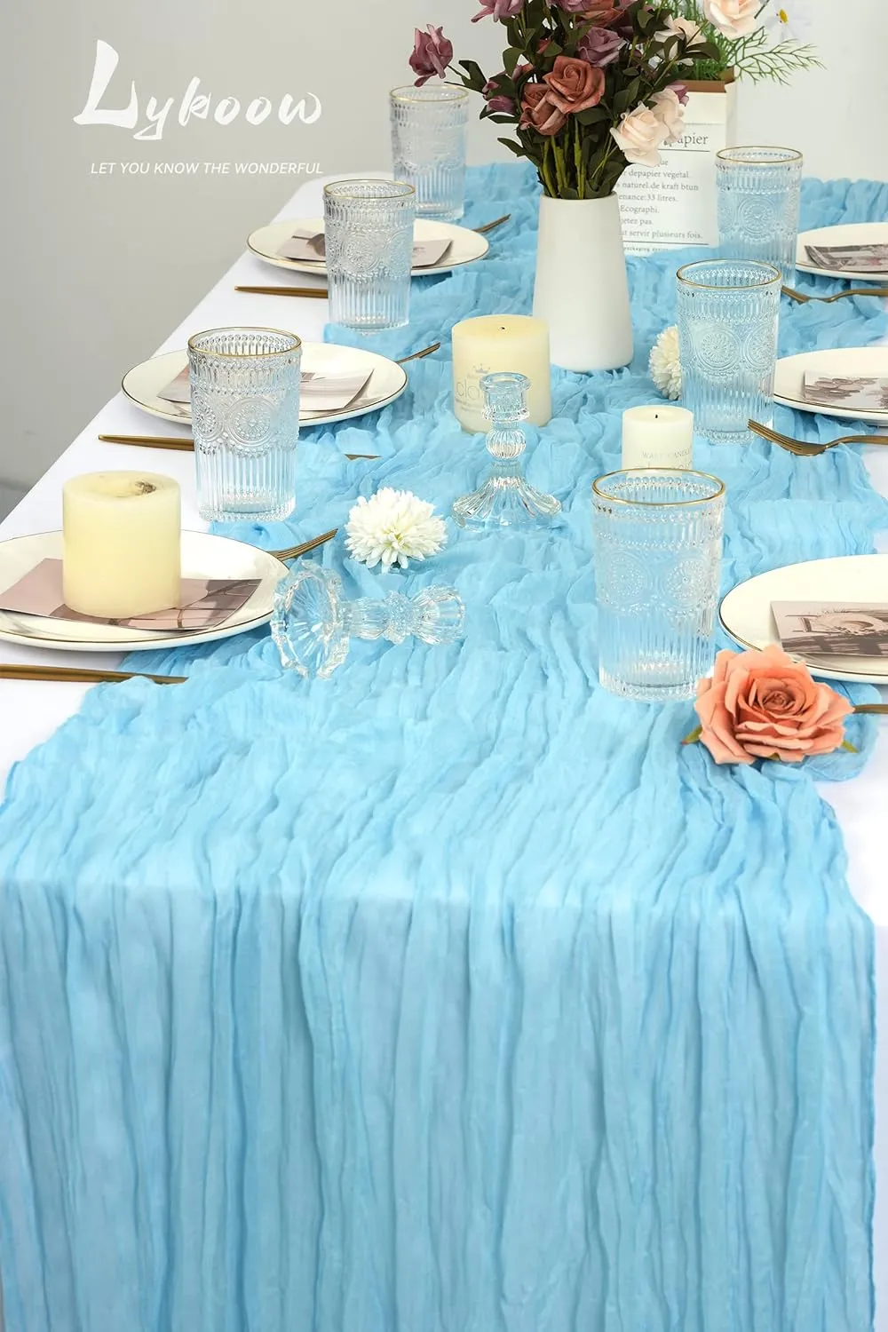 5 Packs Cheesecloth Table Runner Baby Blue, 35x120 inch Light Blue Rustic Gauze Boho Wedding Table Runner Decoration, Wedding Table Decor Table Cloth for Wedding Party Bridal Shower Table