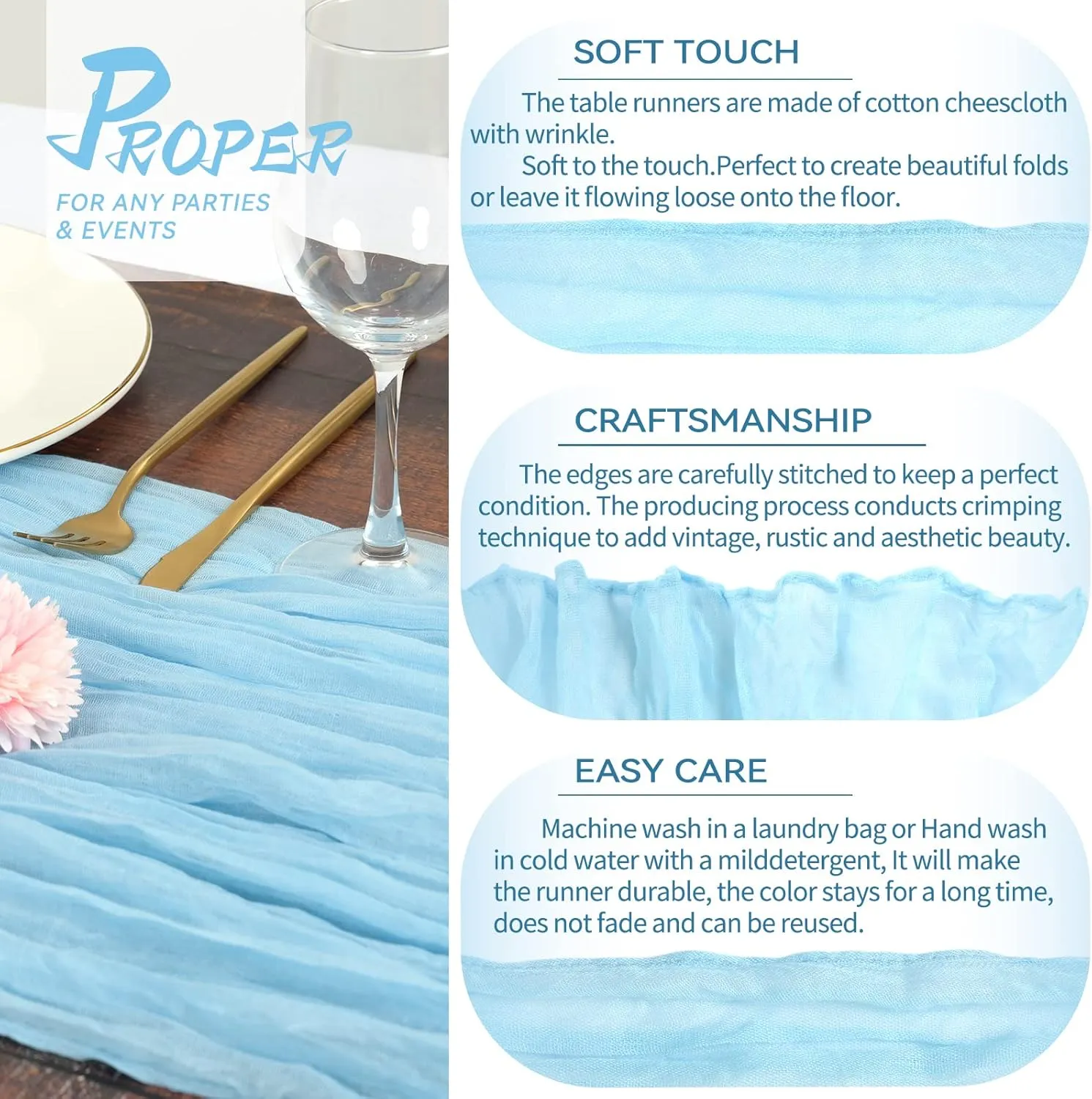 5 Packs Cheesecloth Table Runner Baby Blue, 35x120 inch Light Blue Rustic Gauze Boho Wedding Table Runner Decoration, Wedding Table Decor Table Cloth for Wedding Party Bridal Shower Table
