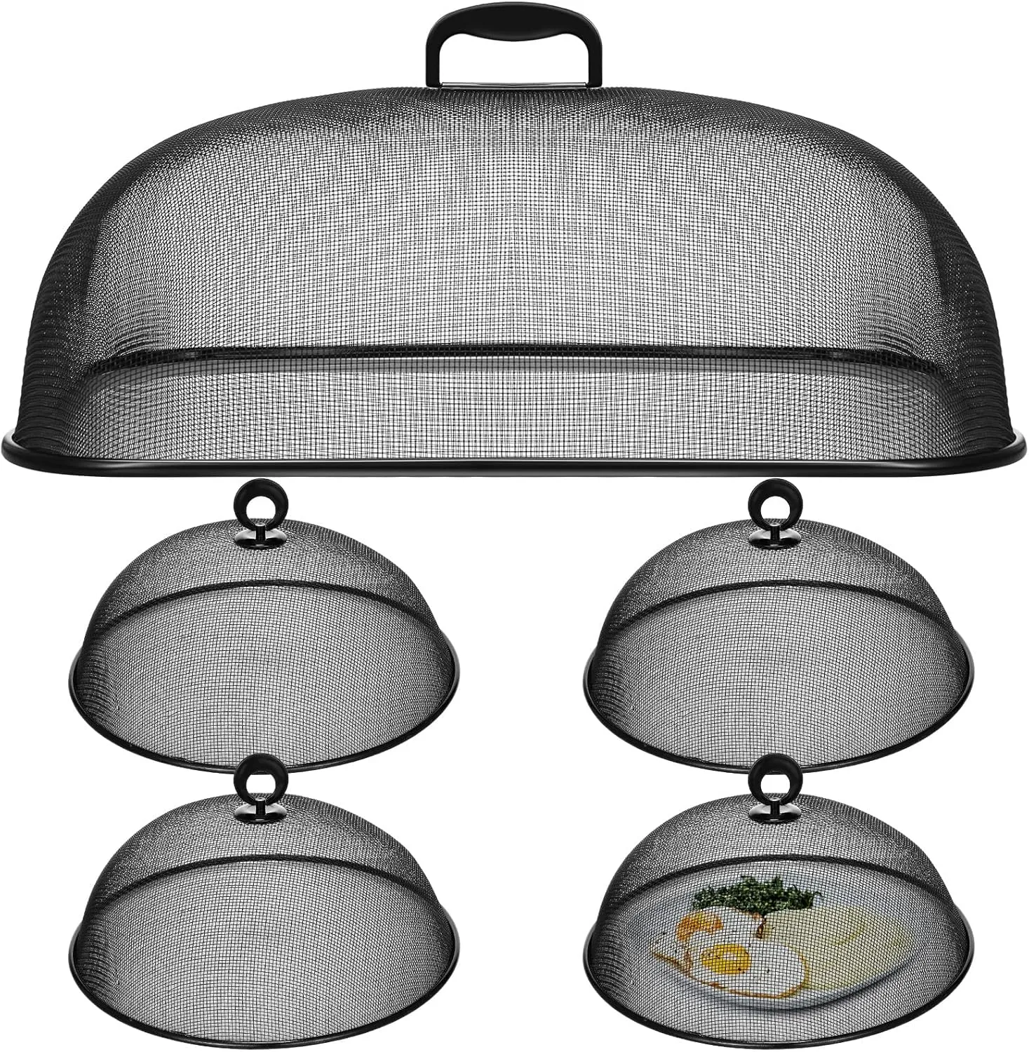5 Pcs Metal Mesh Food Cover for Outdoors Include 18.5 In Extra Large Mesh Food Tents Fly Fruit Screen Food Net 4 Pcs 11 In Large Dome Plate Covers for Dinner Plates Reusable Picnic Food (Black)