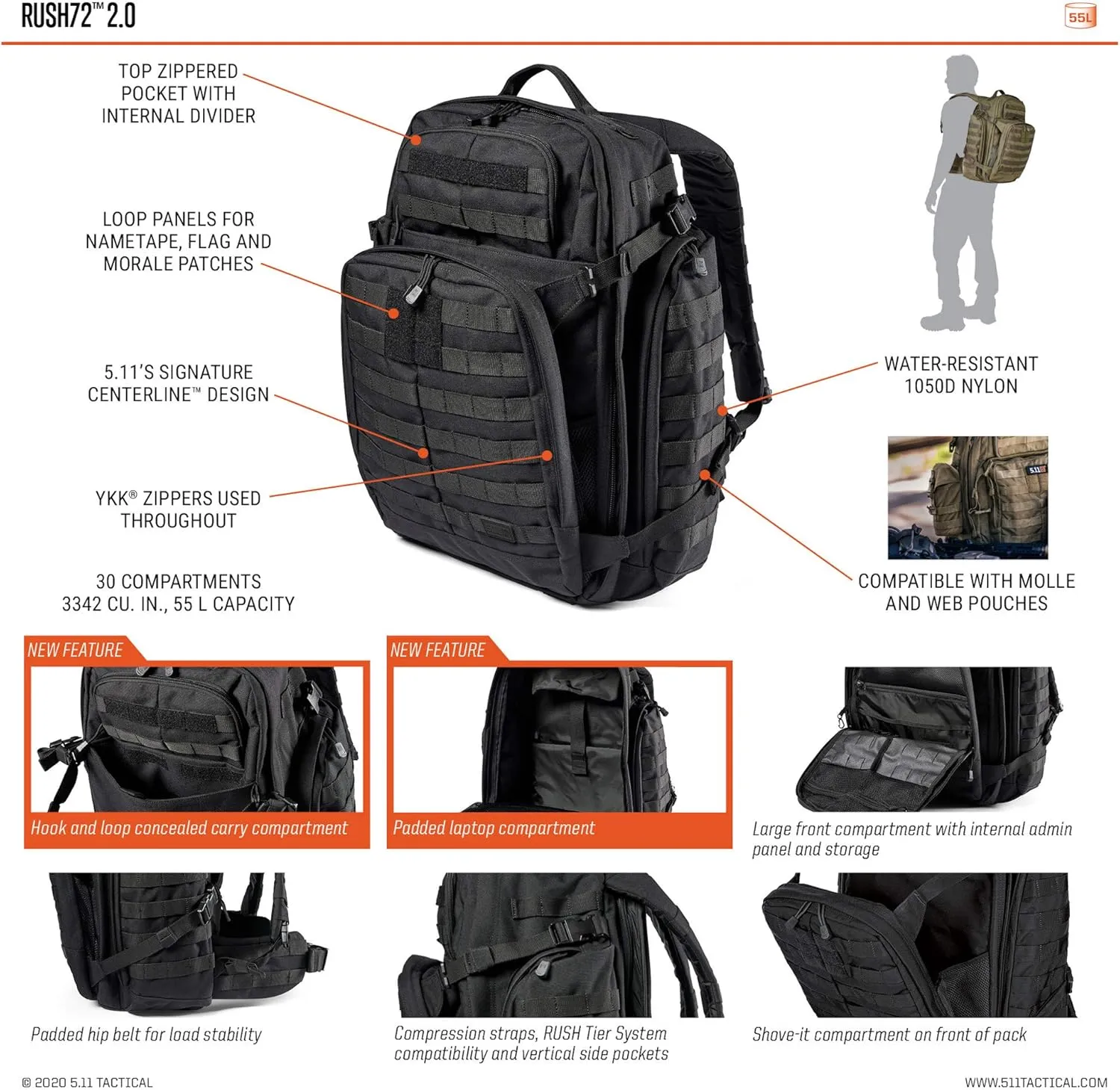 5.11 Tactical Backpack‚ Rush 72 2.0‚ Military Molle Pack, CCW with Multiple Compartments, 55 Liter, Large, Style 56565‚ Multicam