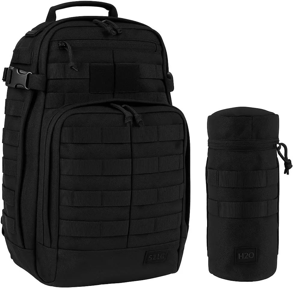 5.11 Tactical Rush 12 2.0 Backpack Bundle with H2O Carrier, Black – EDC Daypack and MOLLE Water Bottle Holder for Outdoor, Duty, or Range
