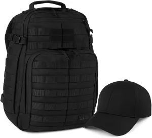 5.11 Tactical Rush 24 2.0 Backpack Bundle with Adjustable Uniform Hat, Black – Rugged 37L Tactical Pack and Cap Combo for Duty, Travel, or Outdoor Use