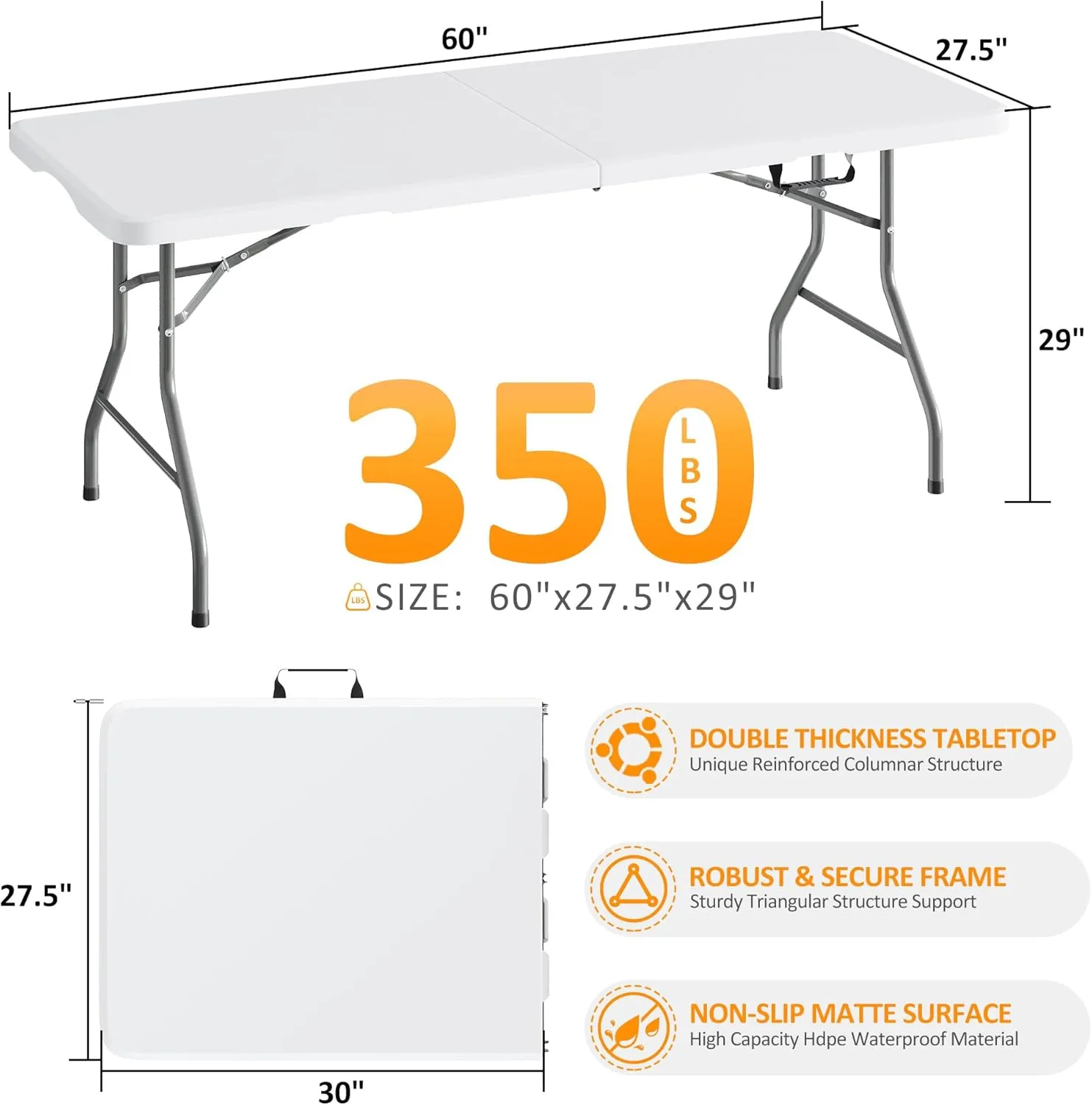5FT Folding Table Heavy Duty Foldable Table Lightweight Plastic Table with Reinforced Legs for Indoor Outdoor Use Perfect Portable Tables Folding for Parties, BBQs, Weddings, Camping White