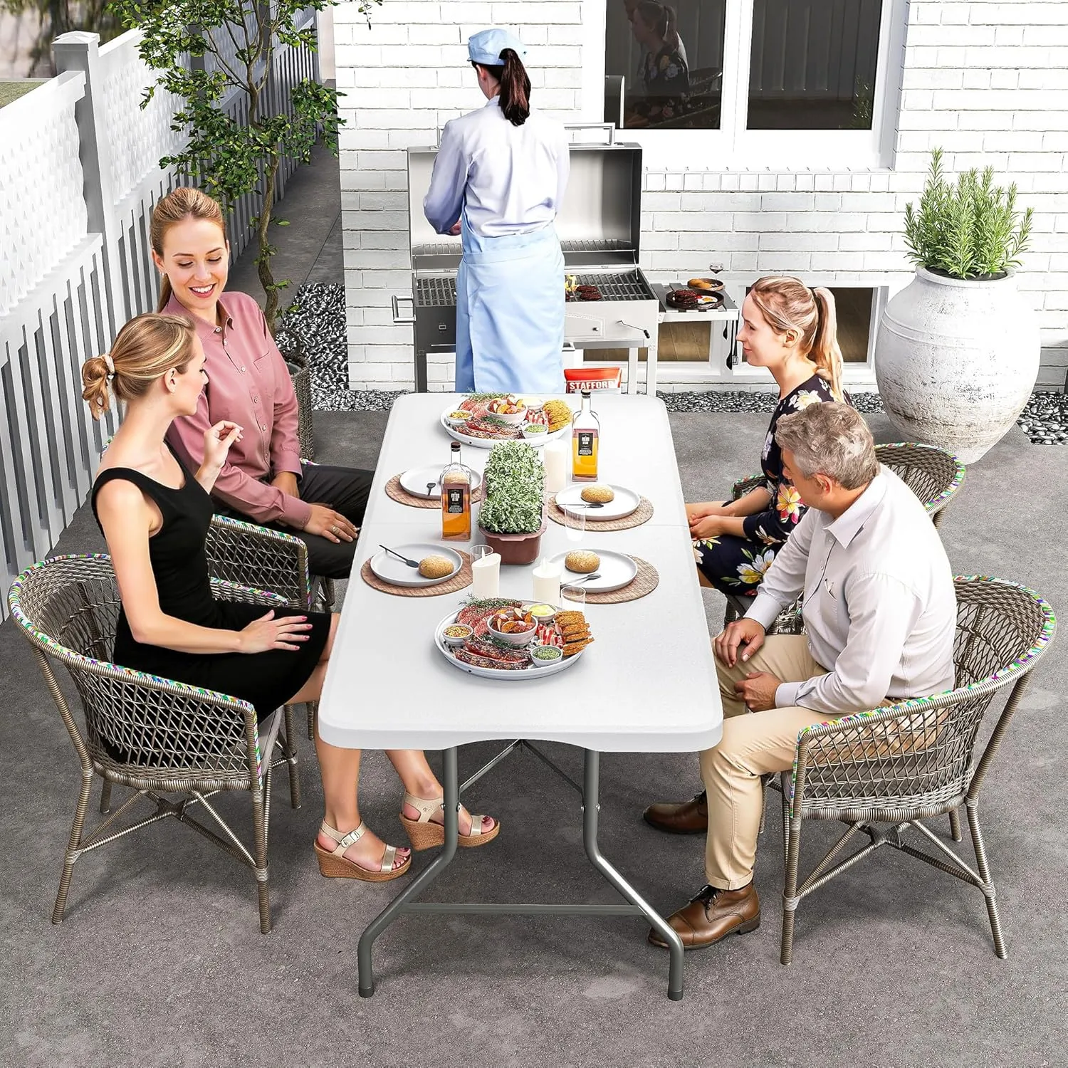 5FT Folding Table Heavy Duty Foldable Table Lightweight Plastic Table with Reinforced Legs for Indoor Outdoor Use Perfect Portable Tables Folding for Parties, BBQs, Weddings, Camping White