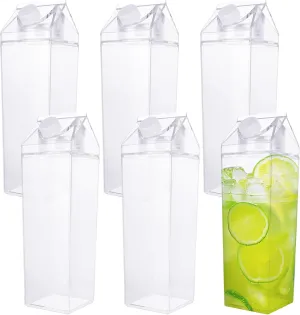 6 Pack 1000 ml/ 34 Oz Milk Carton Water Bottle Clear Plastic Milk Carton Container Milk Box Portable Leakproof Square Milk Bottles for Juice Tea Jug Travel Camping Sports Outdoor Activities