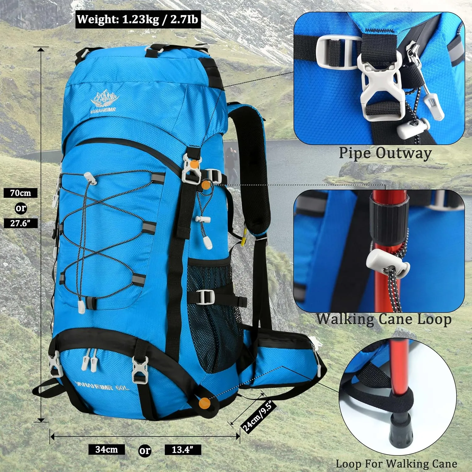 60L Travel Hiking Camping Backpack with Rain Cover, Backpack Water Resistant,Climbing Backpack for Men Women (SKY BLUE)