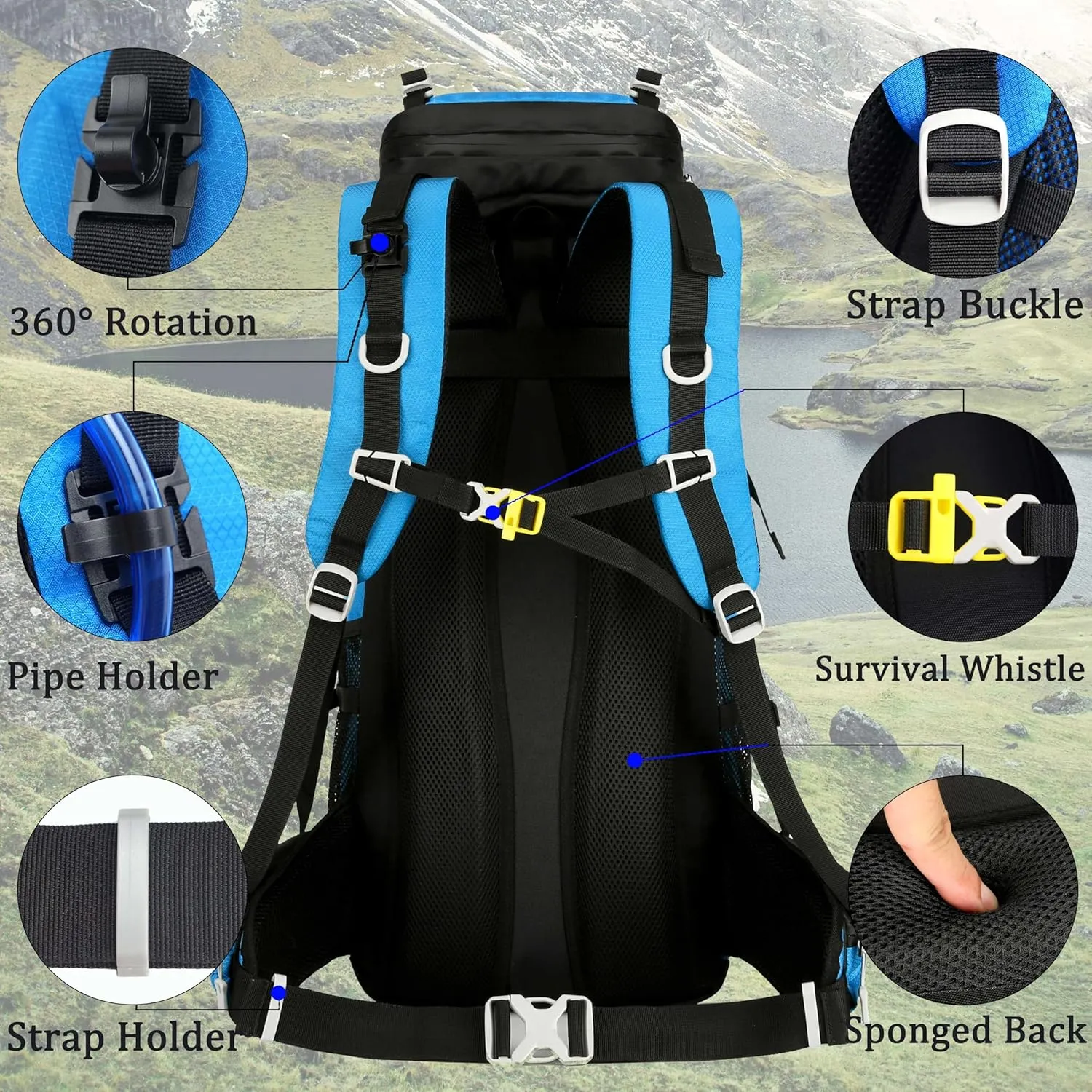 60L Travel Hiking Camping Backpack with Rain Cover, Backpack Water Resistant,Climbing Backpack for Men Women (SKY BLUE)