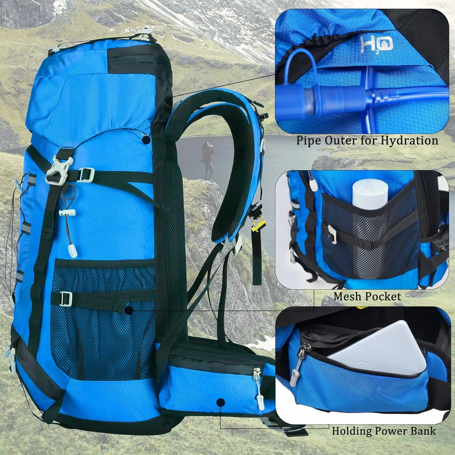 60L Travel Hiking Camping Backpack with Rain Cover, Backpack Water Resistant,Climbing Backpack for Men Women (SKY BLUE)