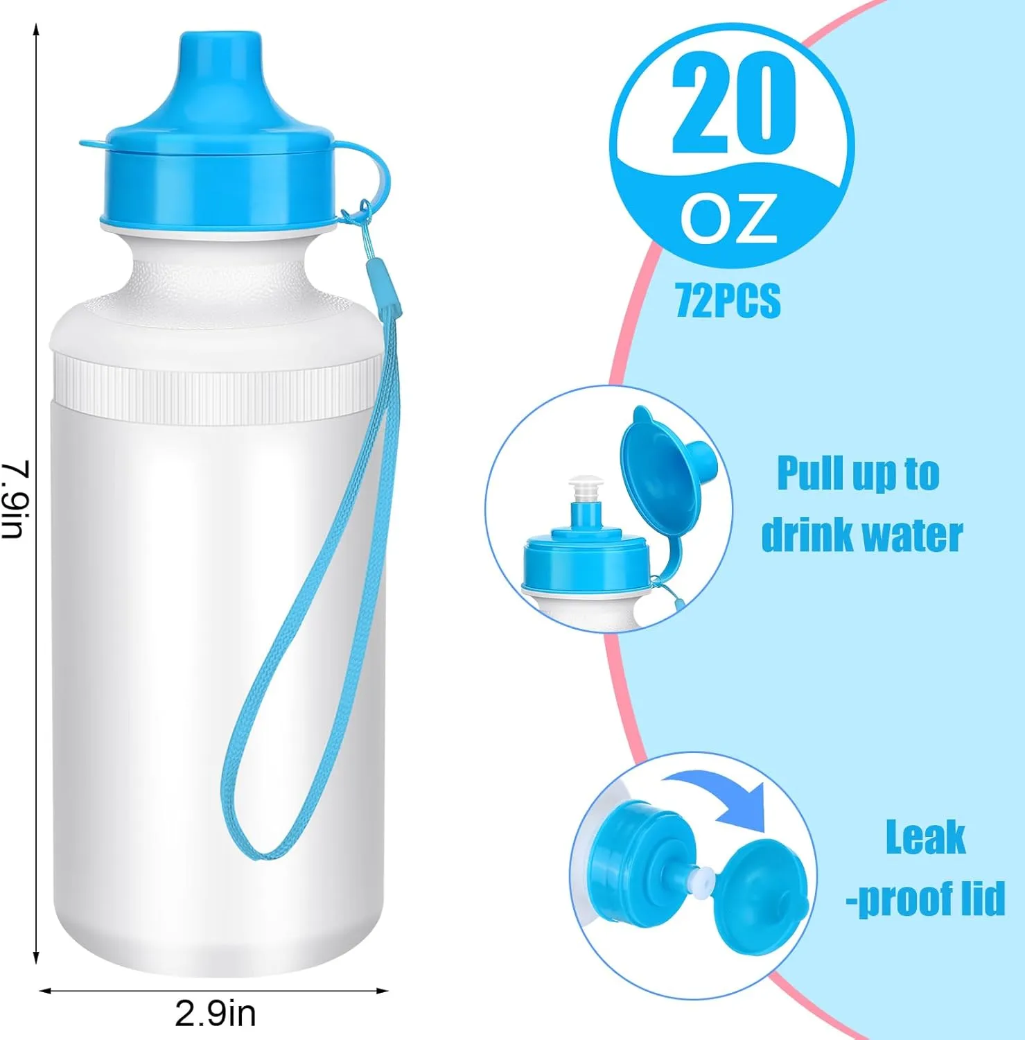 72 Pcs Sports Water Bottles Bulk 20 oz Squeeze Reusable Plastic Water Bottles with Nylon Strap Leak Proof Blank DIY Cups for School Football Team Beach Summer Graduation Gifts