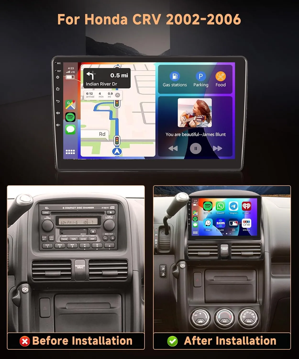 8 Core 4G 64G Android 13 Car Radio for Honda CRV 2002-2006, Rimoody Car Stereo Wireless Carplay Android auto GPS WiFi 9'' Touchscreen Mirror Link DSP-36 Bluetooth FM/RDS Radio 59 UI   Rear Camera