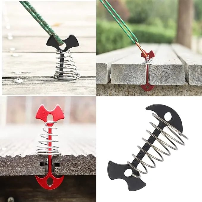 8 pcs Aluminium Alloy 3 inch Fishbone Tent Stakes Deck Anchor Pegs with Spring Rope Buckle Hook Cord Adjuster Tensioner Kit for Camping on Wood Platform Red