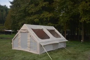 9.8 x13ft Inflatable Camping Tents with Hand Pump, Air Glamping Tents, Easy Setup Waterproof and Windproof Blow up Tent, 4 Seasons Oxford Cabin Tent with Mesh & Chimney Window. Beige