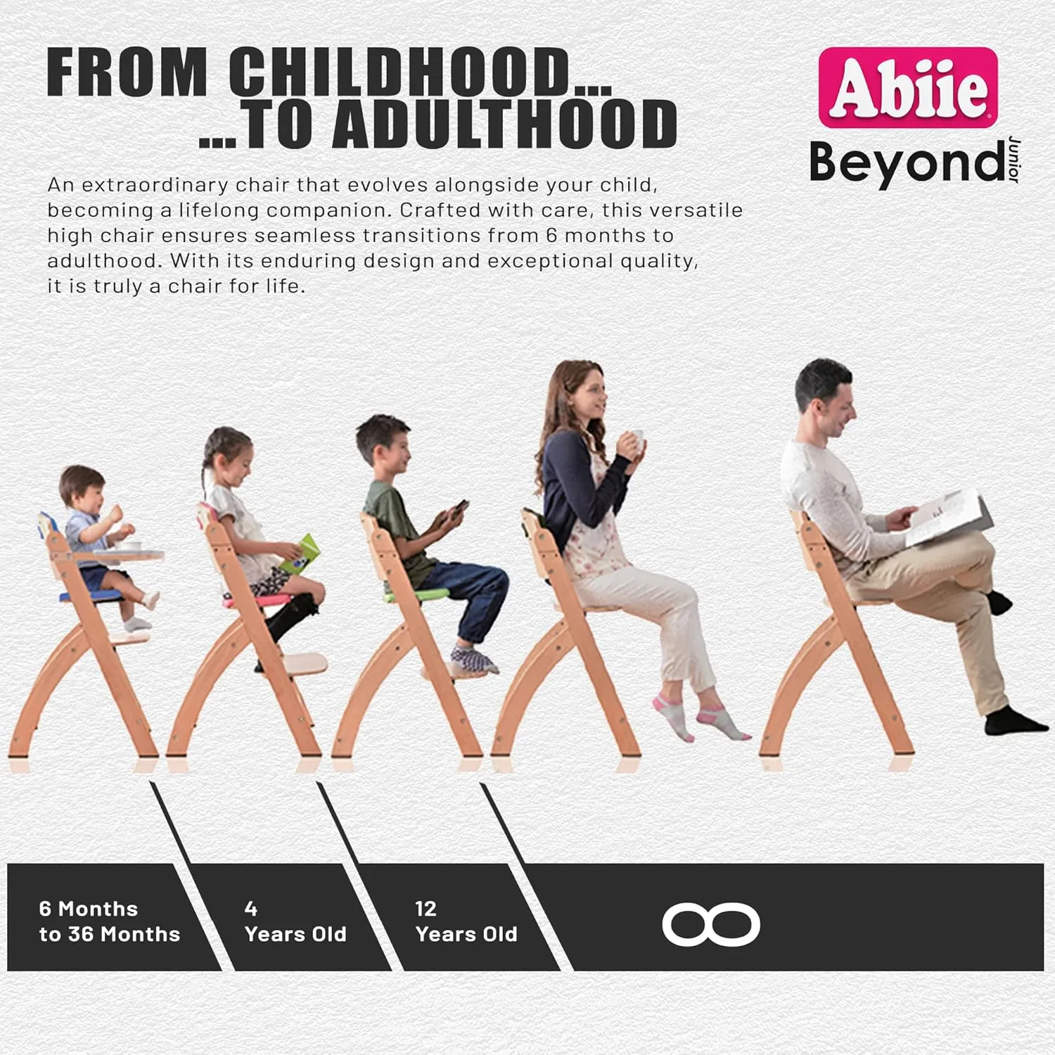 Abiie Beyond Junior Wooden High Chair with Tray - Adjustable and Convertible High Chair for Babies and Toddlers - 6 Months to 250 Lb - Water Resistant - Misty Grey Wood with Black Pearl Cushion