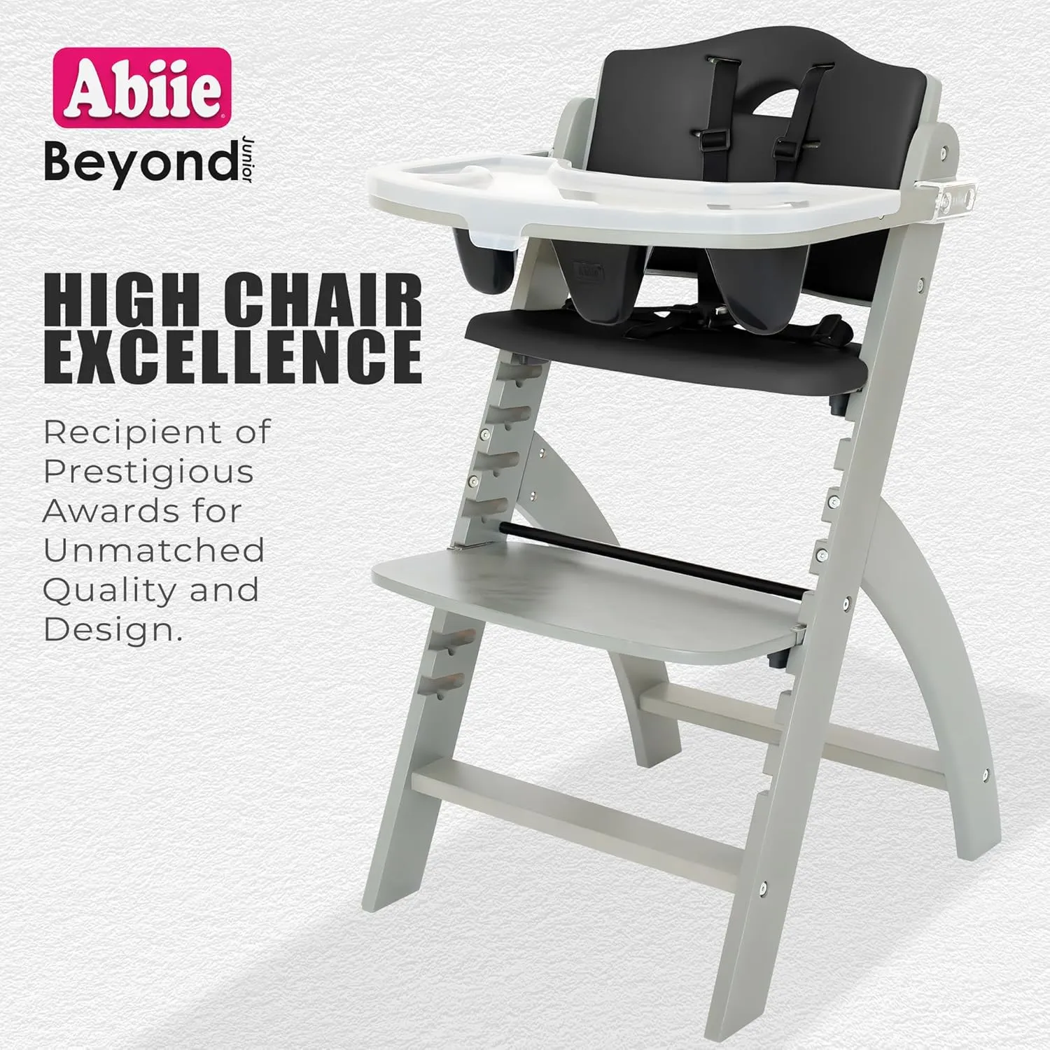 Abiie Beyond Junior Wooden High Chair with Tray - Adjustable and Convertible High Chair for Babies and Toddlers - 6 Months to 250 Lb - Water Resistant - Misty Grey Wood with Black Pearl Cushion