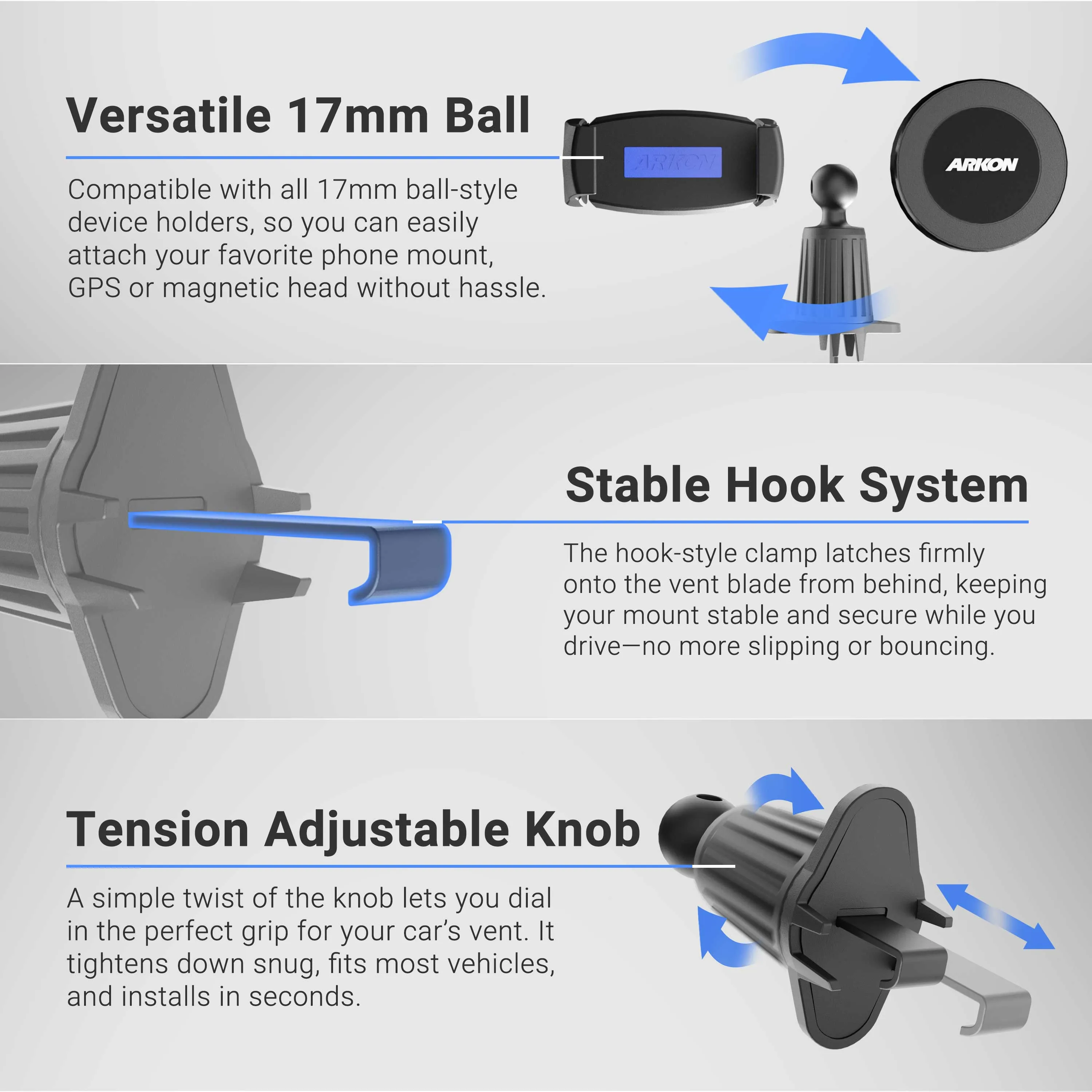 Adjustable Car Vent Mount with 17mm Ball
