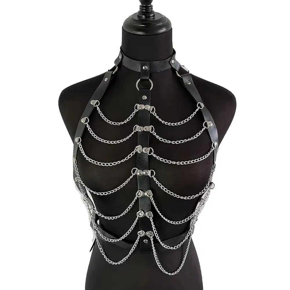 Adjustable metal chain PU leather harness