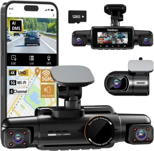 AI Dash Cam Front Rear Inside, 4 Channel 3k 1080P*3 Dashcam with Smart Driving Monitor System, 360° View Car Cameras 5GHz Wi-Fi GPS, Camera for Car Night Vision 128GB SD Card, 24H Parking Mode N700Pro