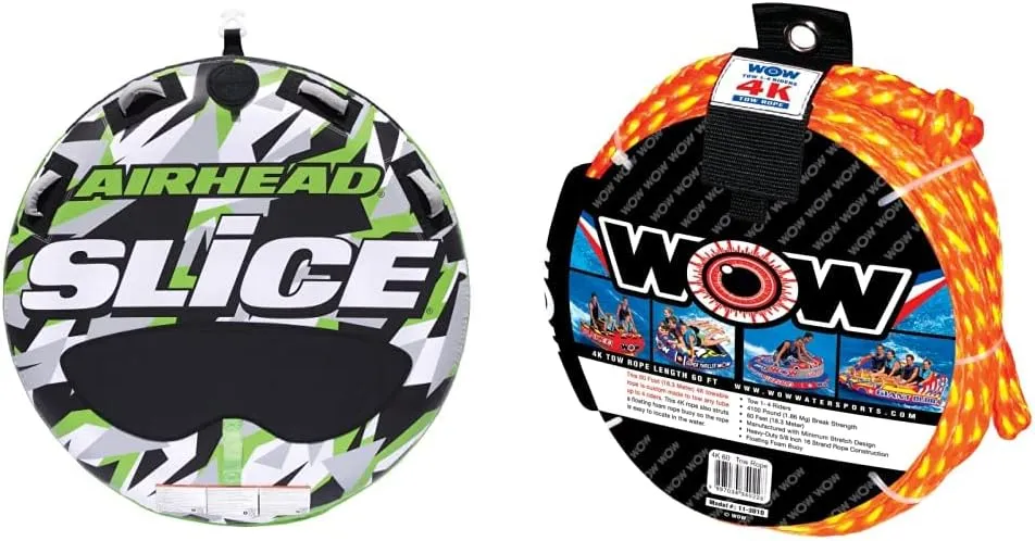 Airhead Slice, 1-2 Rider Towable Tube for Boating and WOW Sports World of Watersports 4k 60 ft. Tow Rope with Floating Foam Buoy