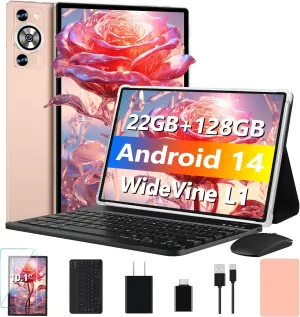 Android 14 Tablet 10.1 Inch 8000mAh Battery Tablets with 22GB RAM 128GB ROM 1TB Expand, Octa-Core HD Touchscreen Tablet with Keyboard, Mouse, Support Widevine L1, Split-Screen - Gold