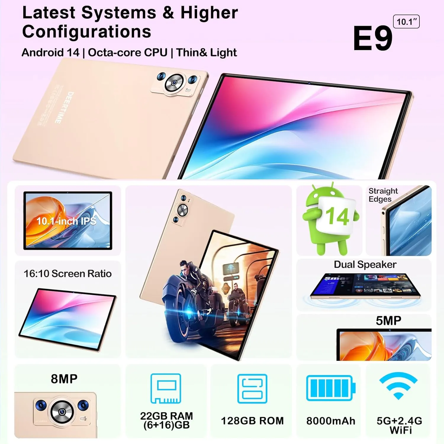 Android 14 Tablet 10.1 Inch 8000mAh Battery Tablets with 22GB RAM 128GB ROM 1TB Expand, Octa-Core HD Touchscreen Tablet with Keyboard, Mouse, Support Widevine L1, Split-Screen - Gold
