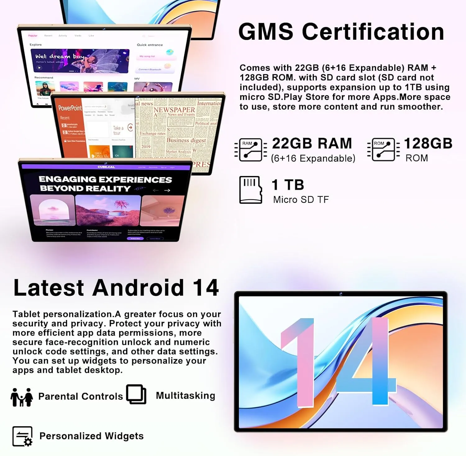 Android 14 Tablet 10.1 Inch 8000mAh Battery Tablets with 22GB RAM 128GB ROM 1TB Expand, Octa-Core HD Touchscreen Tablet with Keyboard, Mouse, Support Widevine L1, Split-Screen - Gold