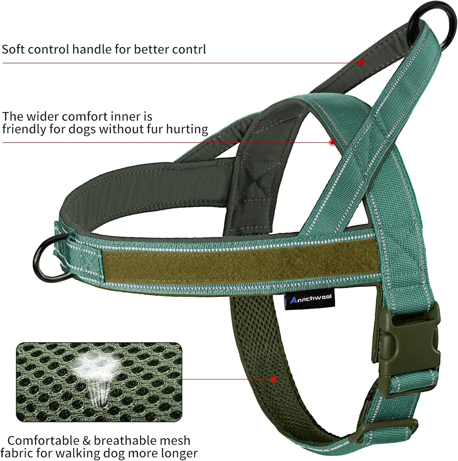 Annchwool No Pull Dog Harness with Soft Padded Handle,Reflective Strip Escape Proof and Quick Fit to Adjust Dog Harness,Easy for Training Walking for Small & Medium and Large Dogs(Green,XL)