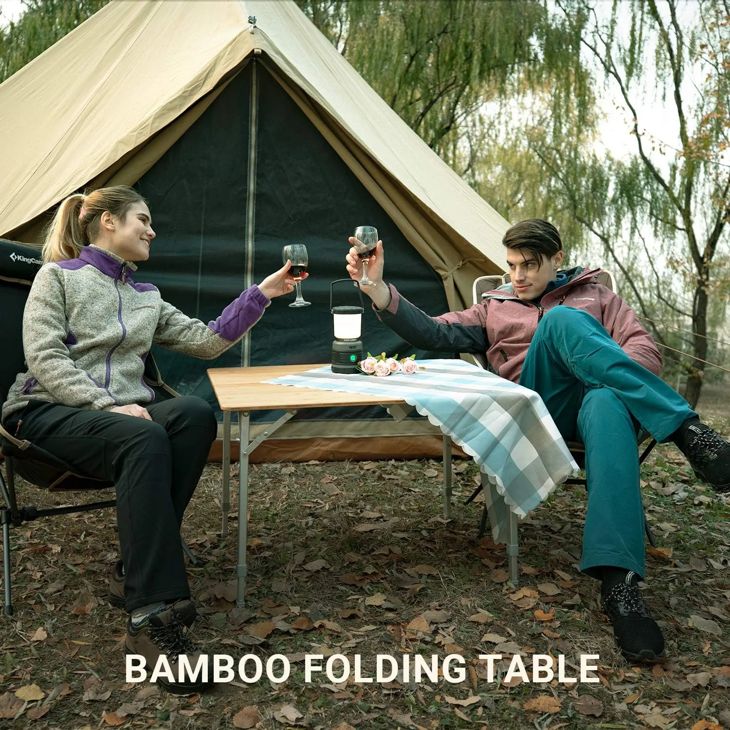 ATEPA Wooden Folding Table, Adjustable Height Folding Tables Environmental Bamboo Camping Table with Aluminum Legs Carry Bag for Travel Picnic Beach Fishing Outdoor Indoor, 2-4 Person