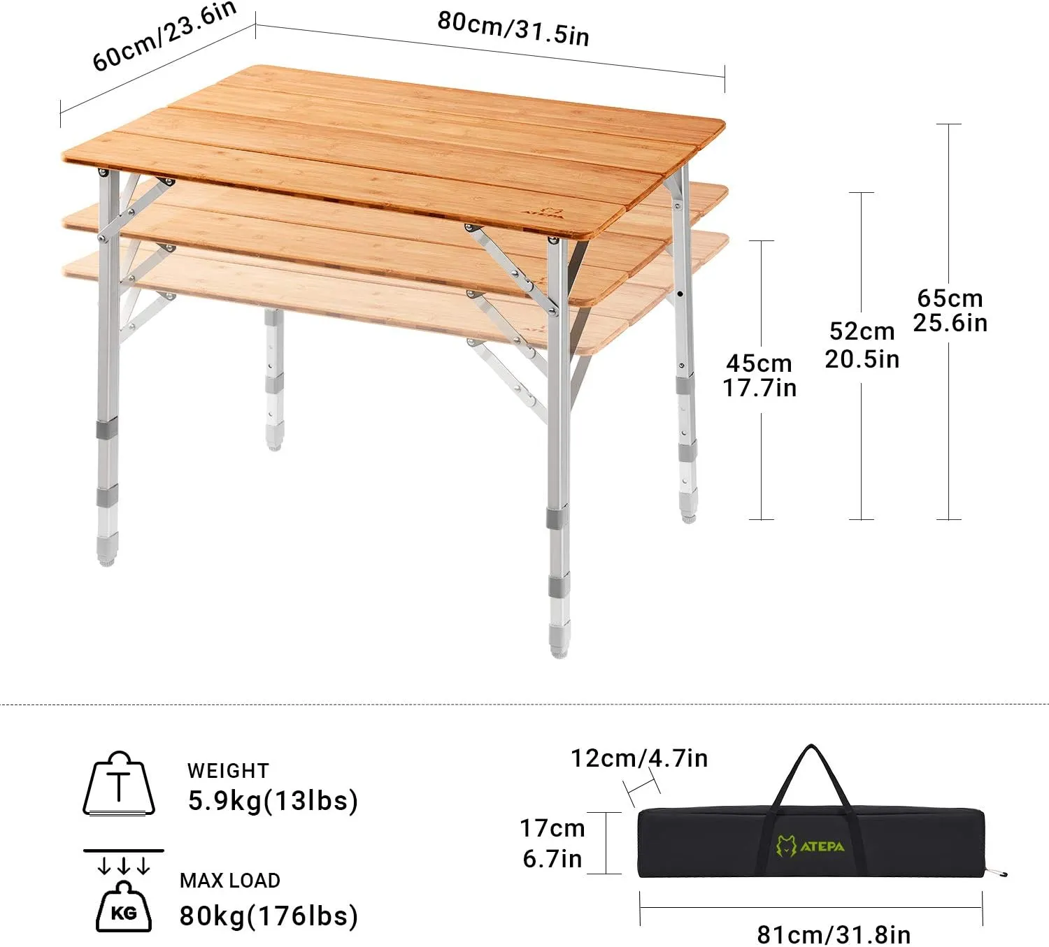 ATEPA Wooden Folding Table, Adjustable Height Folding Tables Environmental Bamboo Camping Table with Aluminum Legs Carry Bag for Travel Picnic Beach Fishing Outdoor Indoor, 2-4 Person