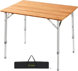 ATEPA Wooden Folding Table, Adjustable Height Folding Tables Environmental Bamboo Camping Table with Aluminum Legs Carry Bag for Travel Picnic Beach Fishing Outdoor Indoor, 2-4 Person