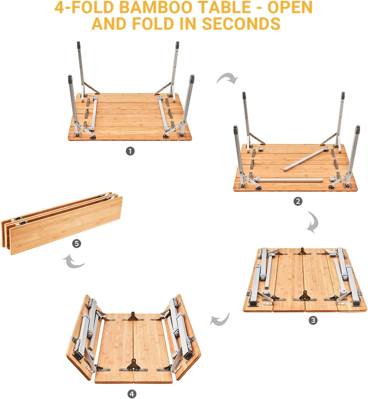 ATEPA Wooden Folding Table, Adjustable Height Folding Tables Environmental Bamboo Camping Table with Aluminum Legs Carry Bag for Travel Picnic Beach Fishing Outdoor Indoor, 2-4 Person