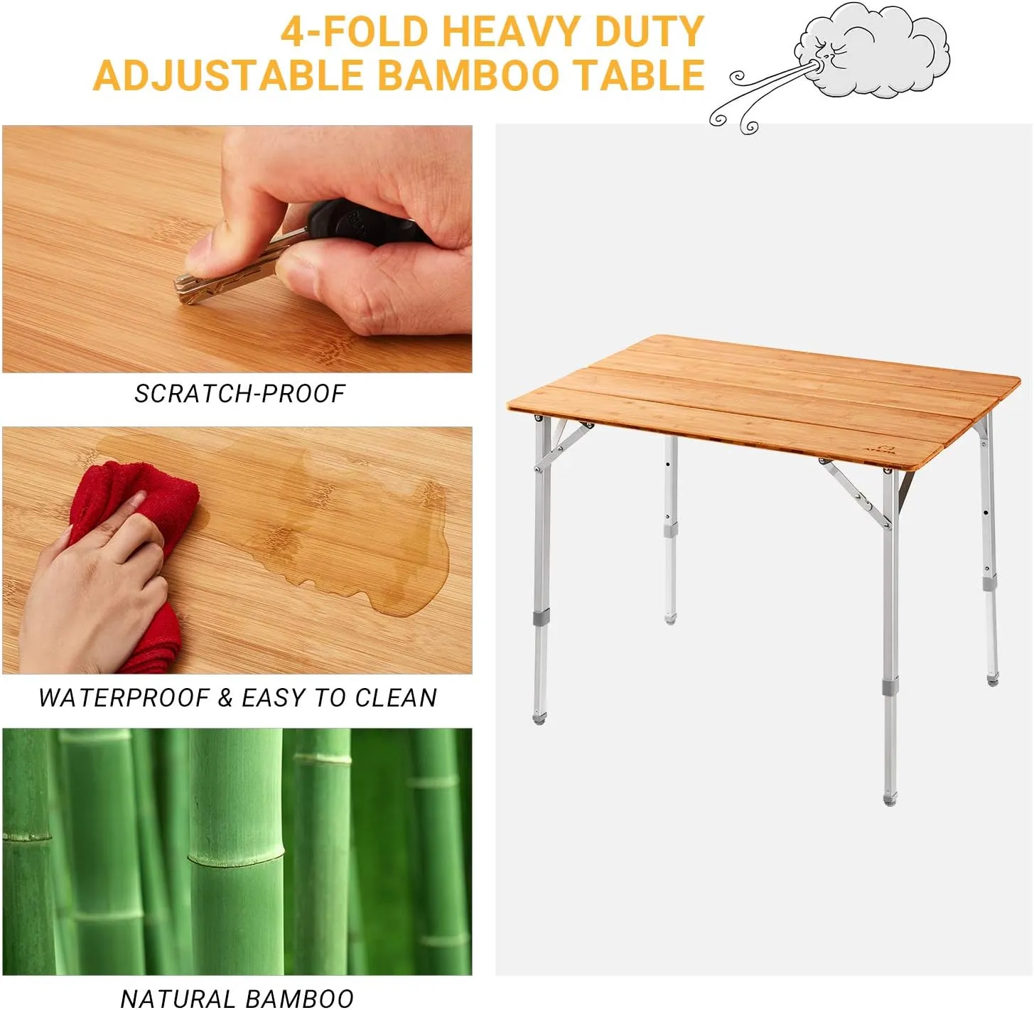ATEPA Wooden Folding Table, Adjustable Height Folding Tables Environmental Bamboo Camping Table with Aluminum Legs Carry Bag for Travel Picnic Beach Fishing Outdoor Indoor, 2-4 Person