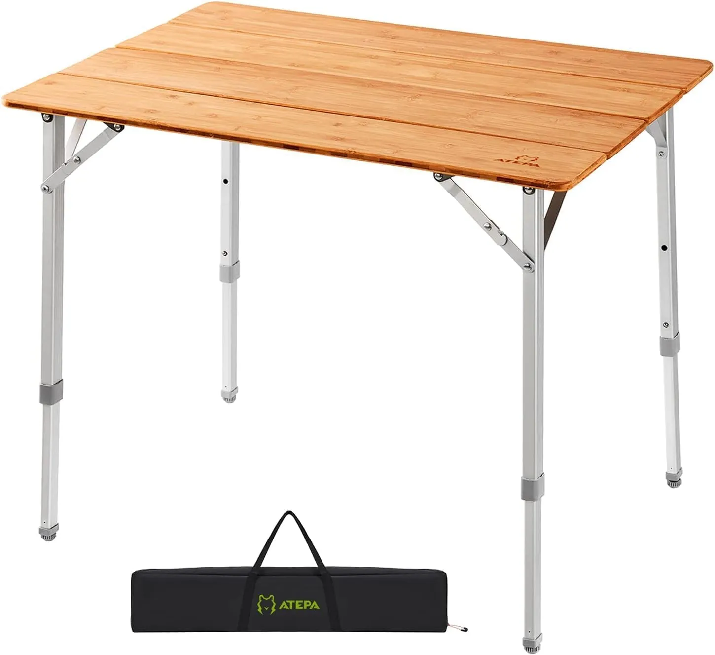 ATEPA Wooden Folding Table, Adjustable Height Folding Tables Environmental Bamboo Camping Table with Aluminum Legs Carry Bag for Travel Picnic Beach Fishing Outdoor Indoor, 2-4 Person