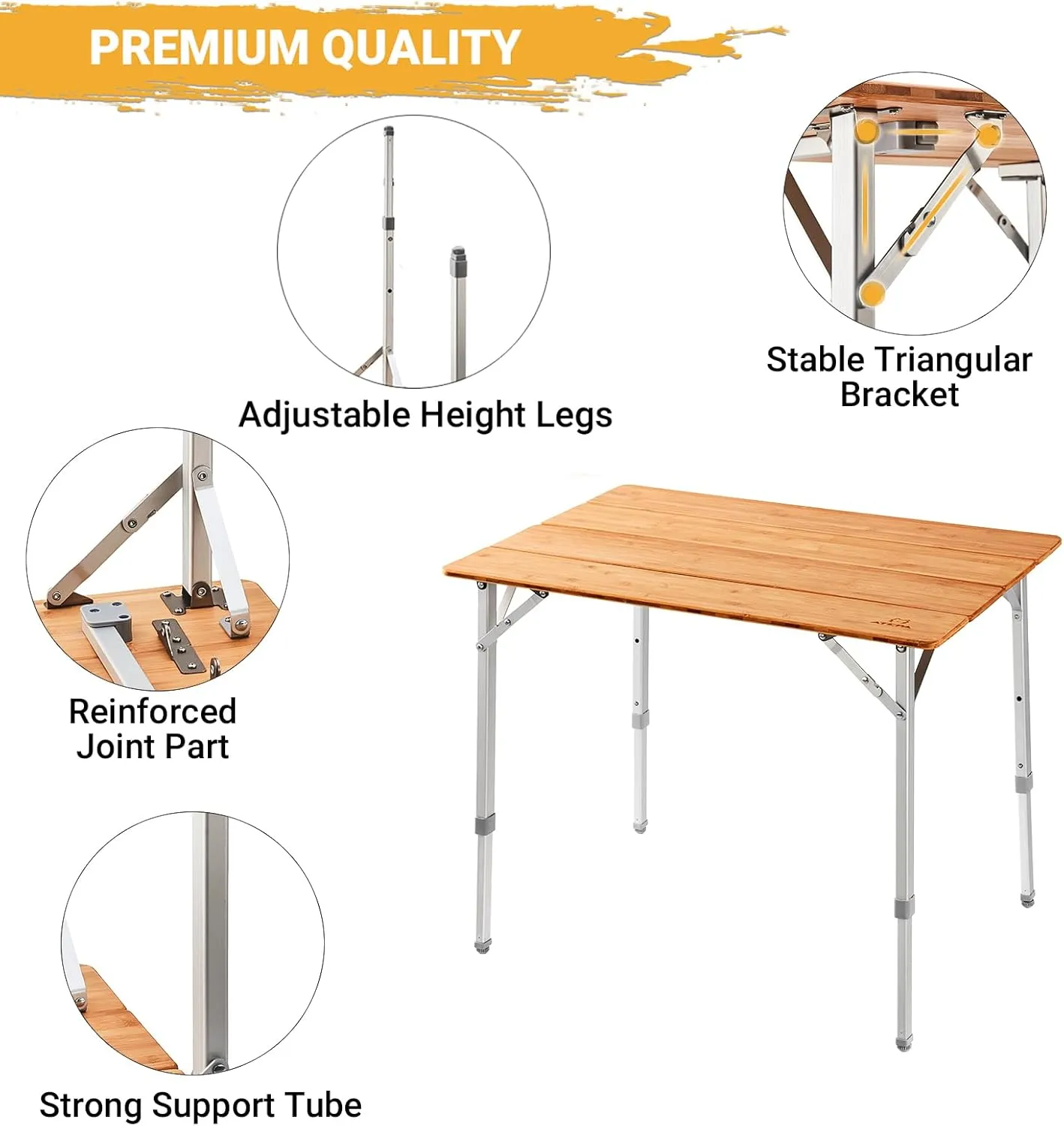 ATEPA Wooden Folding Table, Adjustable Height Folding Tables Environmental Bamboo Camping Table with Aluminum Legs Carry Bag for Travel Picnic Beach Fishing Outdoor Indoor, 2-4 Person