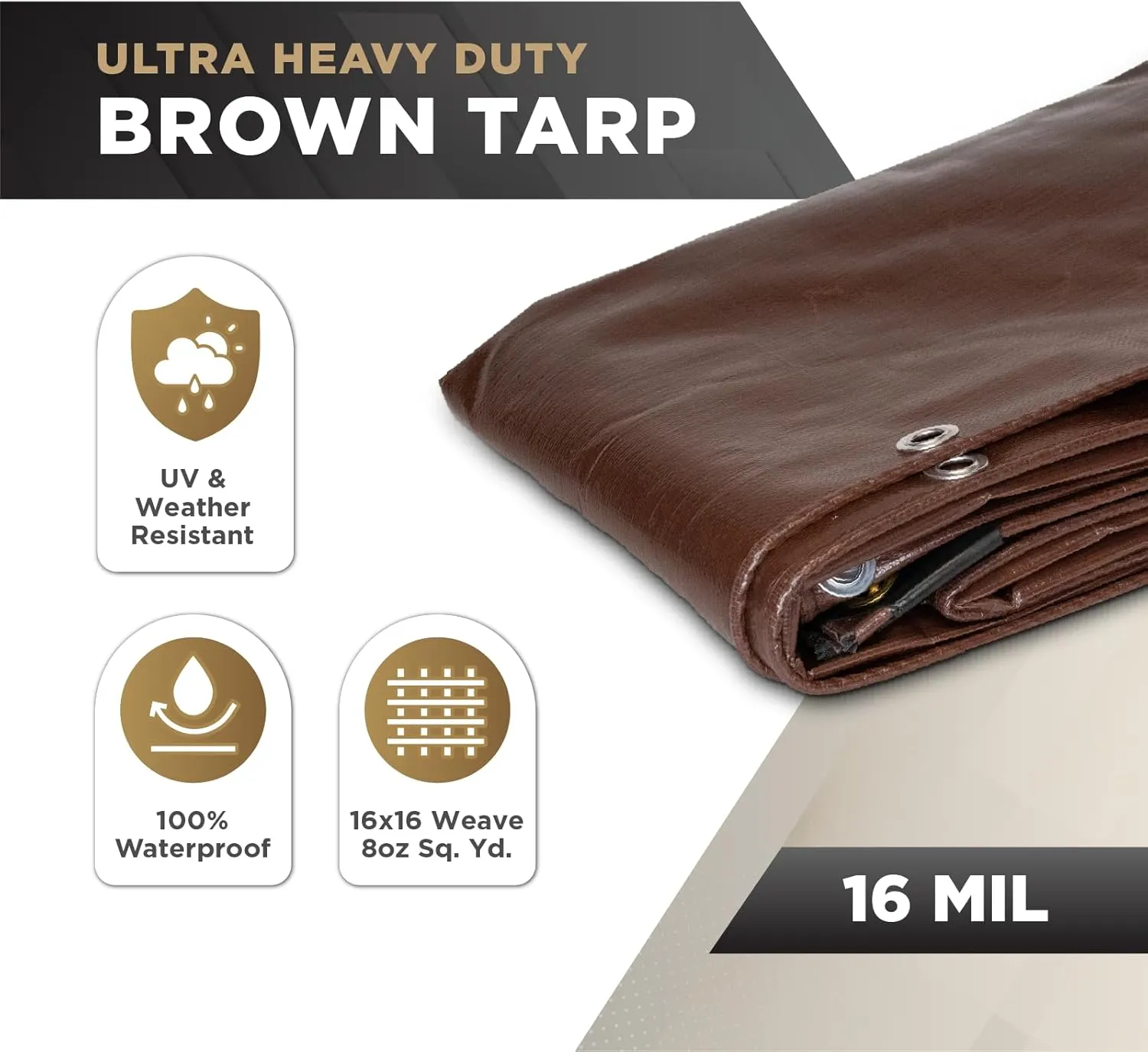 ATERET 20' x 40' Super Heavy Duty 16 Mil Brown Poly Tarp Cover - UV Resistant, Thick Waterproof, Rip and Tear Proof Tarpaulin with Grommets and Reinforced Edges