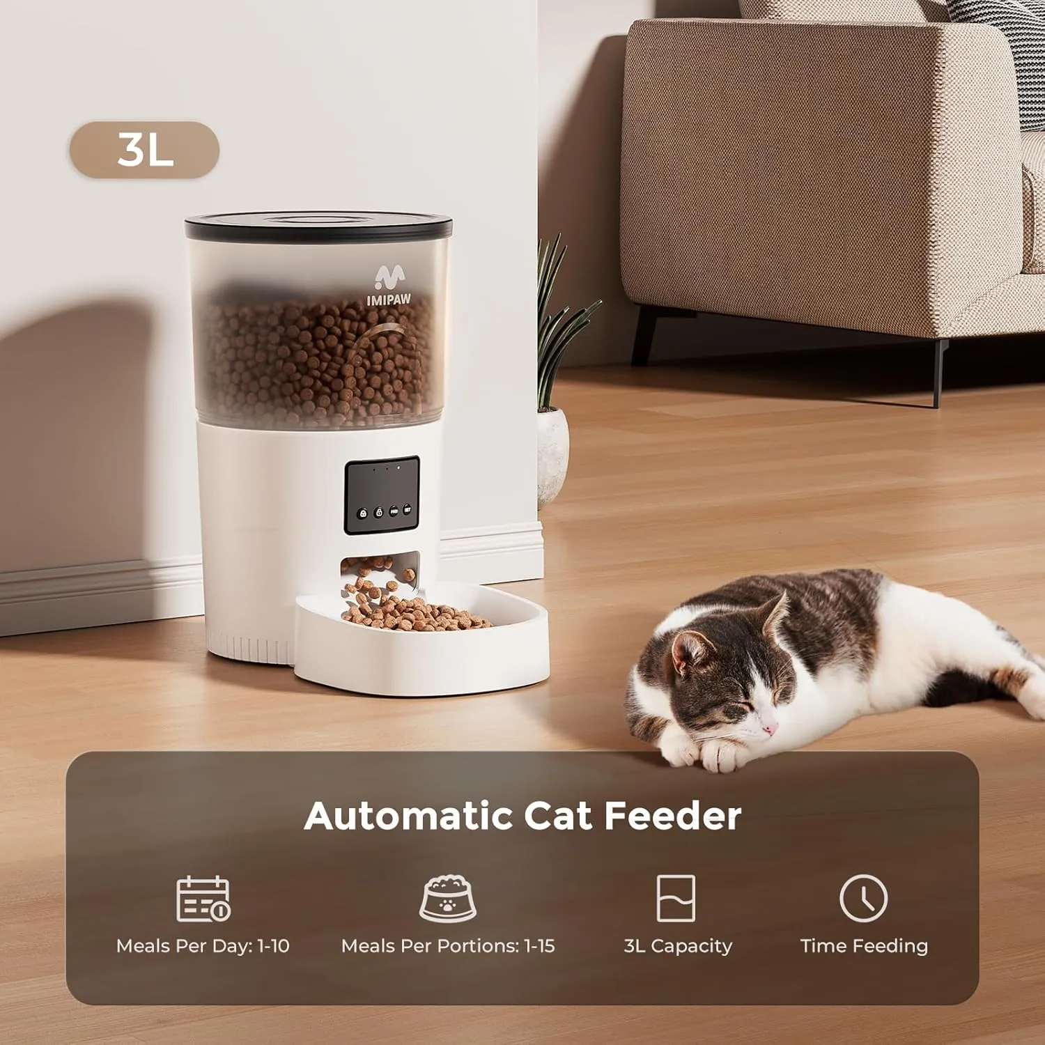 Automatic Cat Feeder - 3L Pet Dry Food Dispenser with Timed Programmable Portion Control, Dual Power Backup, Easy Set Up, 10 Meals Per Day for Cats and Puppies（Remote not Supported）