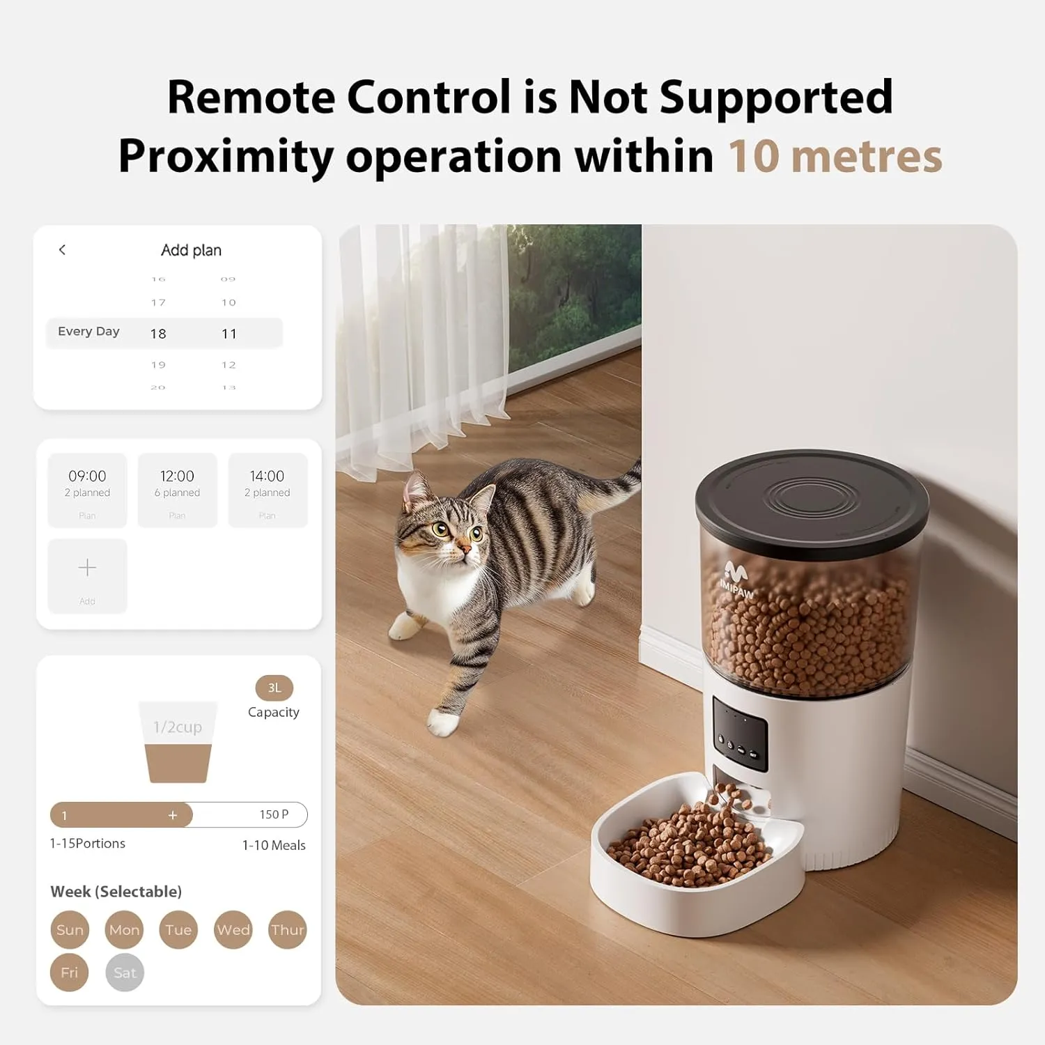 Automatic Cat Feeder - 3L Pet Dry Food Dispenser with Timed Programmable Portion Control, Dual Power Backup, Easy Set Up, 10 Meals Per Day for Cats and Puppies（Remote not Supported）