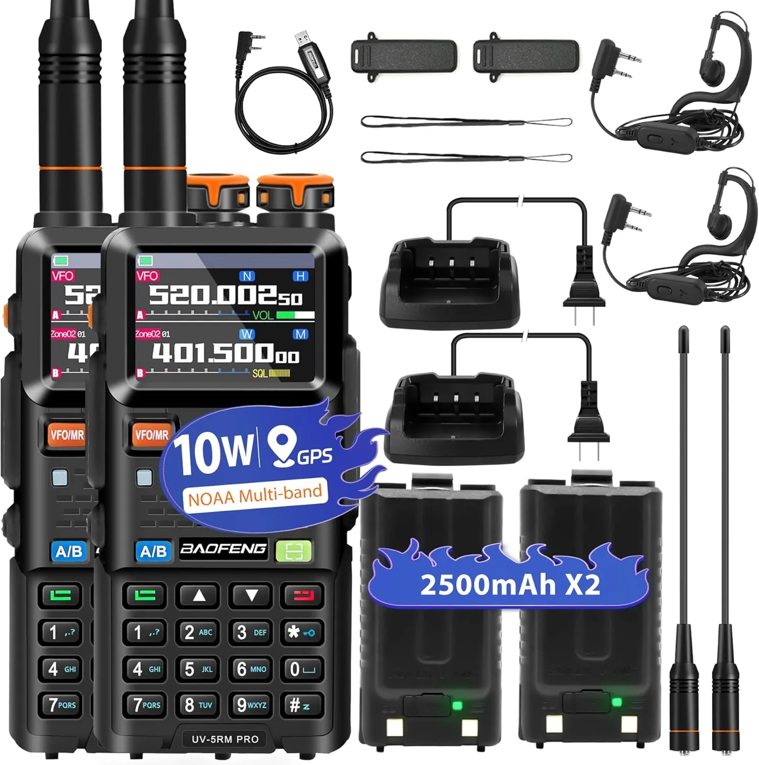 BAOFENG 5RM PRO 10W GPS Ham Radio Handheld, Long Range Walkie Talkies for Adults, UV-5RM PRO Multi-Band Two Way Radio with Rechargeable 2500mAh Battery, Type-C Charging, 640 Channels, 2 Pack