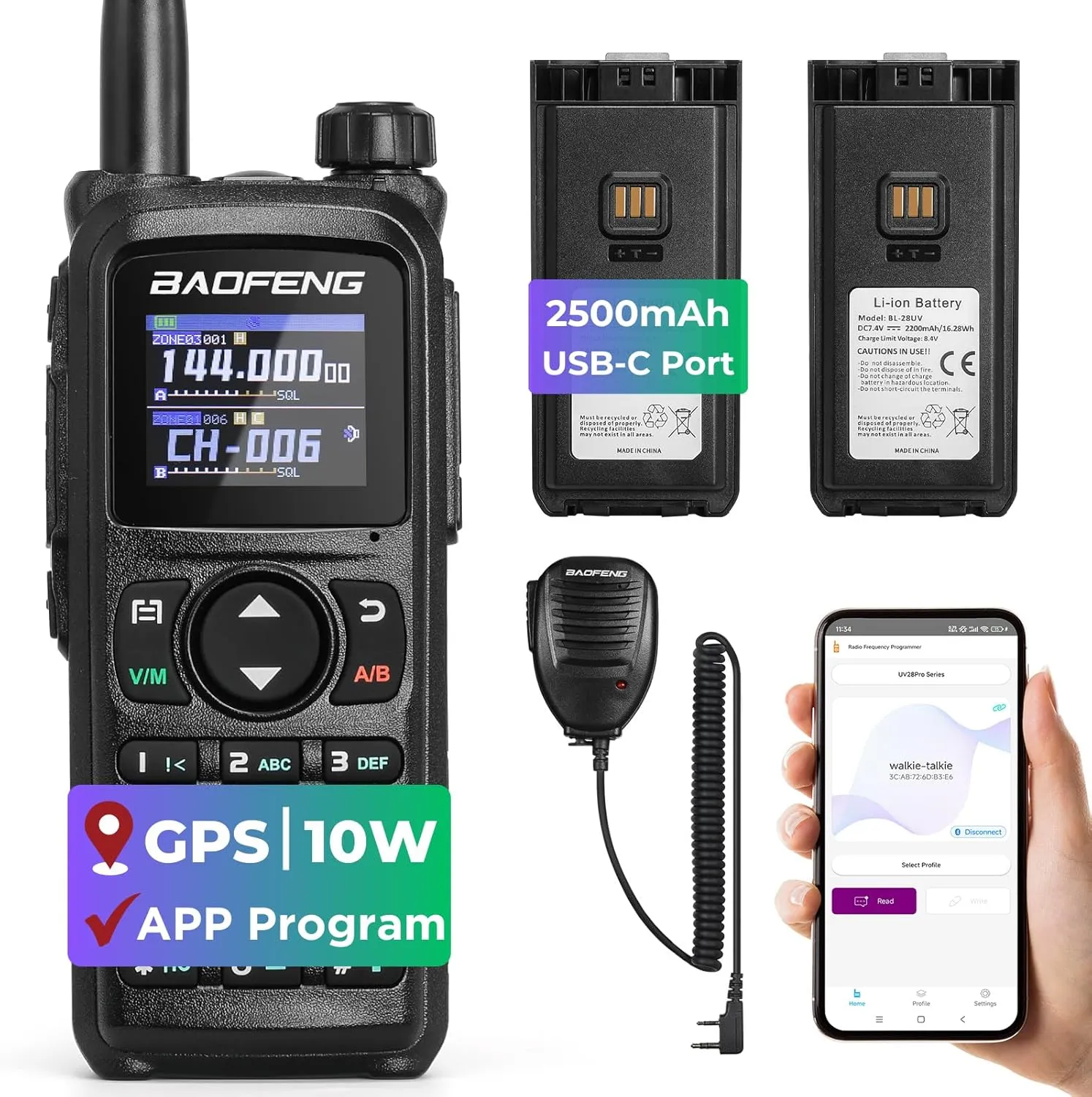 BAOFENG UV-28 Plus Ham Radio Handheld with GPS & APP Programming, 10W Long Range Walkie Talkie Dual Band Two Way Radio, FM Aviation NOAA Receiver with Frequency Copy, 1000CHs, Dual 2800mAh Batteries