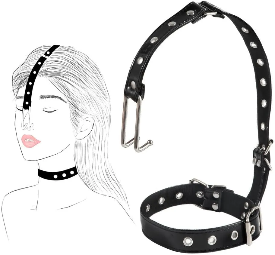 BDSM Bondage Restraints Leather Head Harness with Metal Nose Hook Sex Slave Flirting Collar for Couple Adult Games Unisex Sex Toys