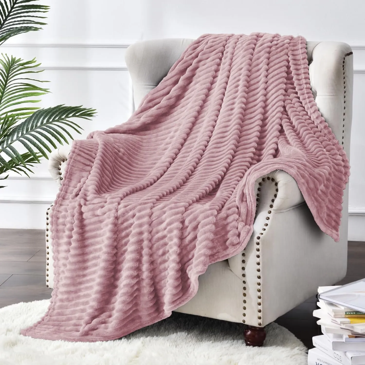 BEDELITE Fleece Throw Blanket for Couch – 3D Ribbed Jacquard Soft and Warm Decorative Fuzzy Blanket – Cozy, Fluffy, Plush Lightweight Berry Purple Throw Blankets for Bed, Sofa, 50x60 inches