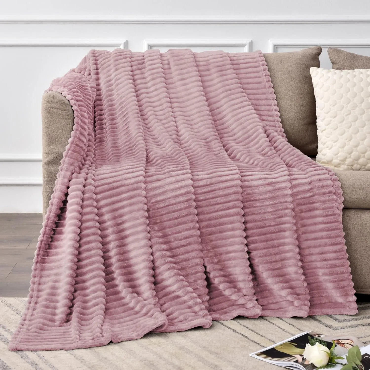 BEDELITE Fleece Throw Blanket for Couch – 3D Ribbed Jacquard Soft and Warm Decorative Fuzzy Blanket – Cozy, Fluffy, Plush Lightweight Berry Purple Throw Blankets for Bed, Sofa, 50x60 inches