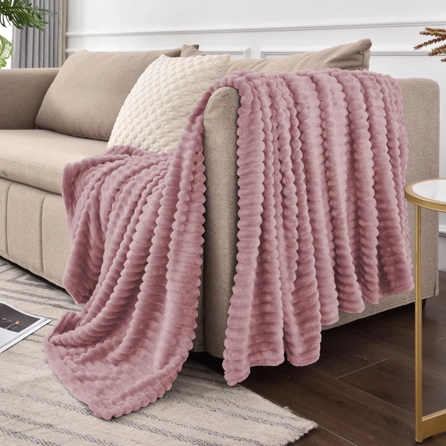 BEDELITE Fleece Throw Blanket for Couch – 3D Ribbed Jacquard Soft and Warm Decorative Fuzzy Blanket – Cozy, Fluffy, Plush Lightweight Berry Purple Throw Blankets for Bed, Sofa, 50x60 inches