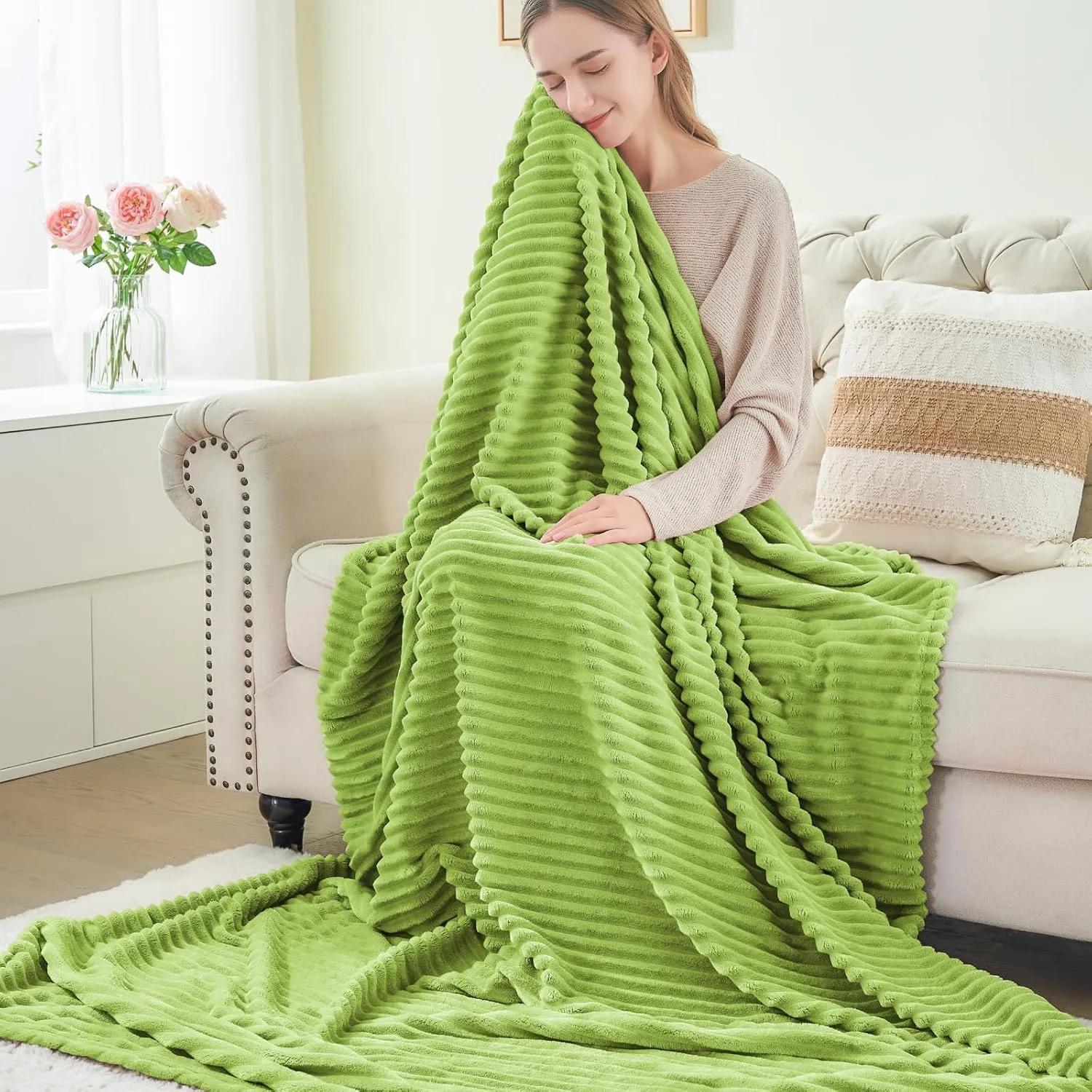BEDELITE Fleece Throw Blanket for Couch – 3D Ribbed Jacquard Soft and Warm Decorative Fuzzy Blanket – Cozy, Fluffy, Plush Lightweight Dark Citron Throw Blankets for Bed, Sofa, 50x60 inches