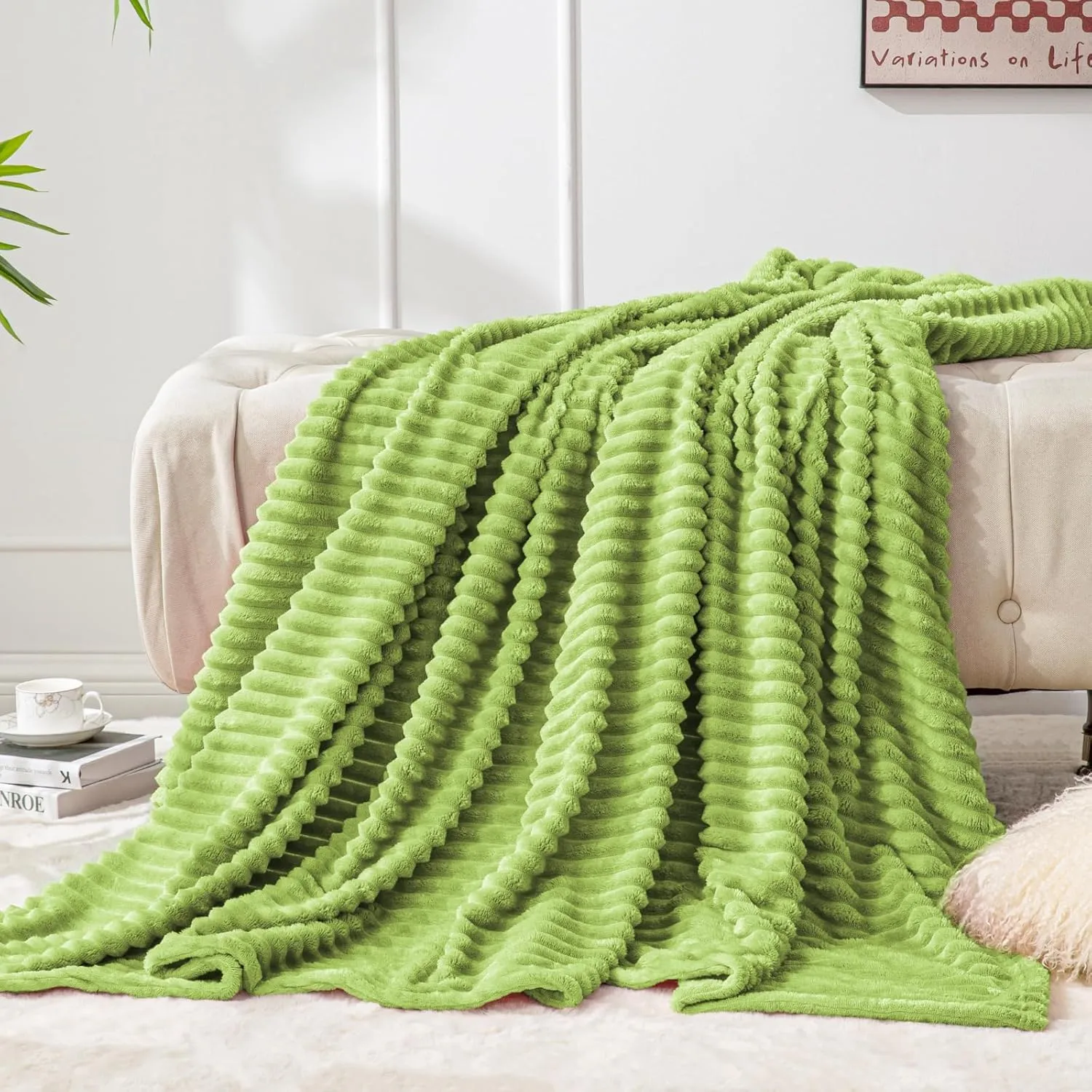 BEDELITE Fleece Throw Blanket for Couch – 3D Ribbed Jacquard Soft and Warm Decorative Fuzzy Blanket – Cozy, Fluffy, Plush Lightweight Dark Citron Throw Blankets for Bed, Sofa, 50x60 inches