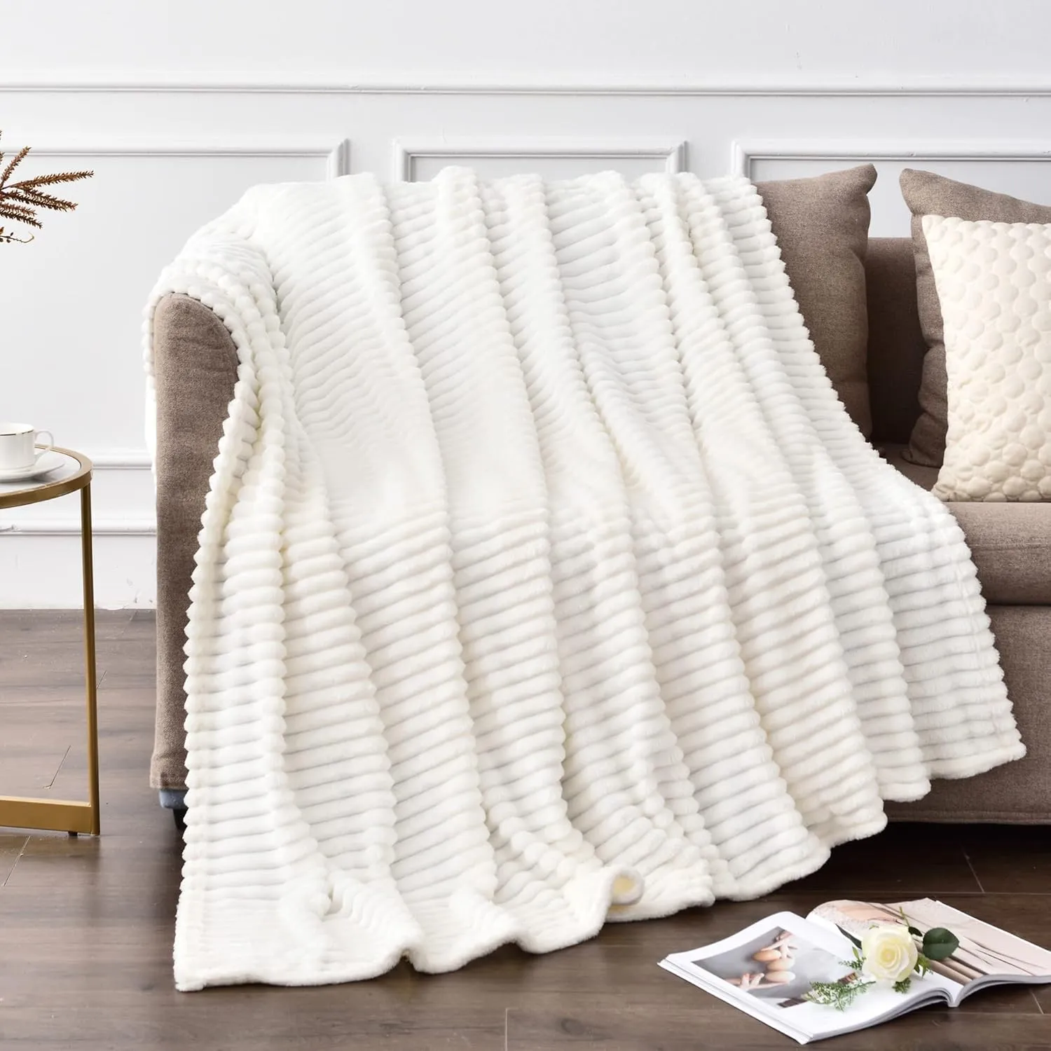 BEDELITE Fleece Throw Blanket for Couch – 3D Ribbed Jacquard Soft and Warm Decorative Fuzzy Blanket – Cozy, Fluffy, Plush Lightweight Off White Throw Blankets for Bed, Sofa, 50x60 inches