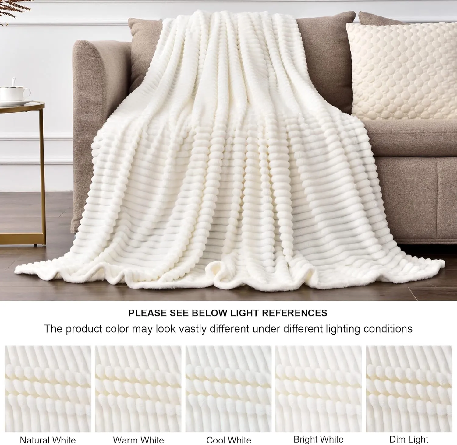 BEDELITE Fleece Throw Blanket for Couch – 3D Ribbed Jacquard Soft and Warm Decorative Fuzzy Blanket – Cozy, Fluffy, Plush Lightweight Off White Throw Blankets for Bed, Sofa, 50x60 inches